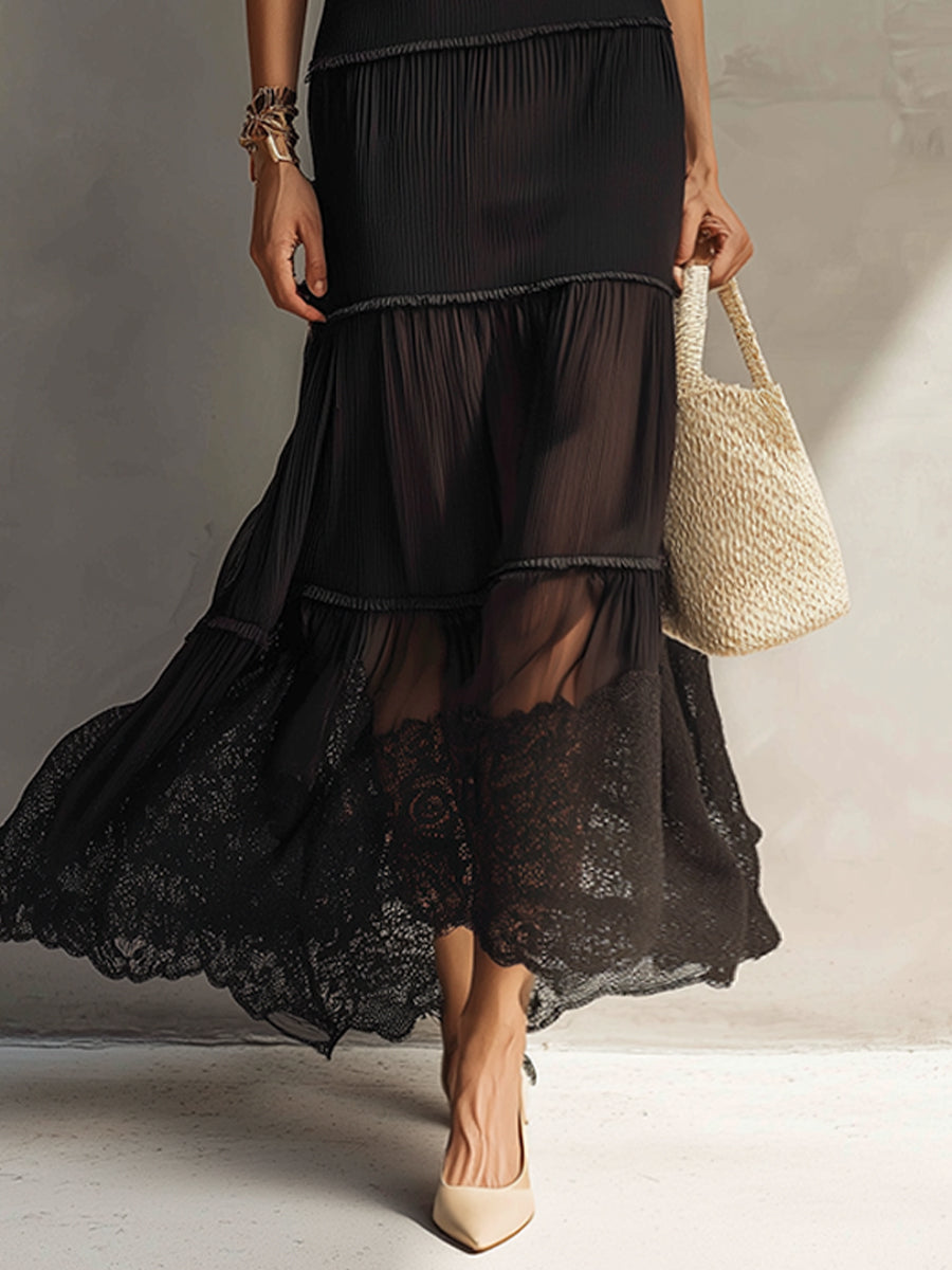 Black Sleeveless Chiffon Lace Maxi Dress