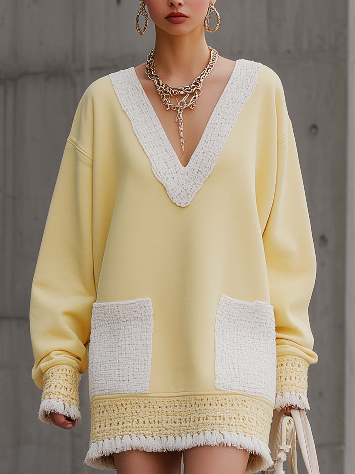 Yellow Blended Tweed V-neck Crochet Hem Tassel Dress