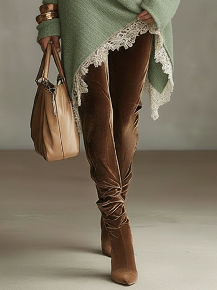 Sage Green Loose Knit Turtleneck Dress With Lace Trim