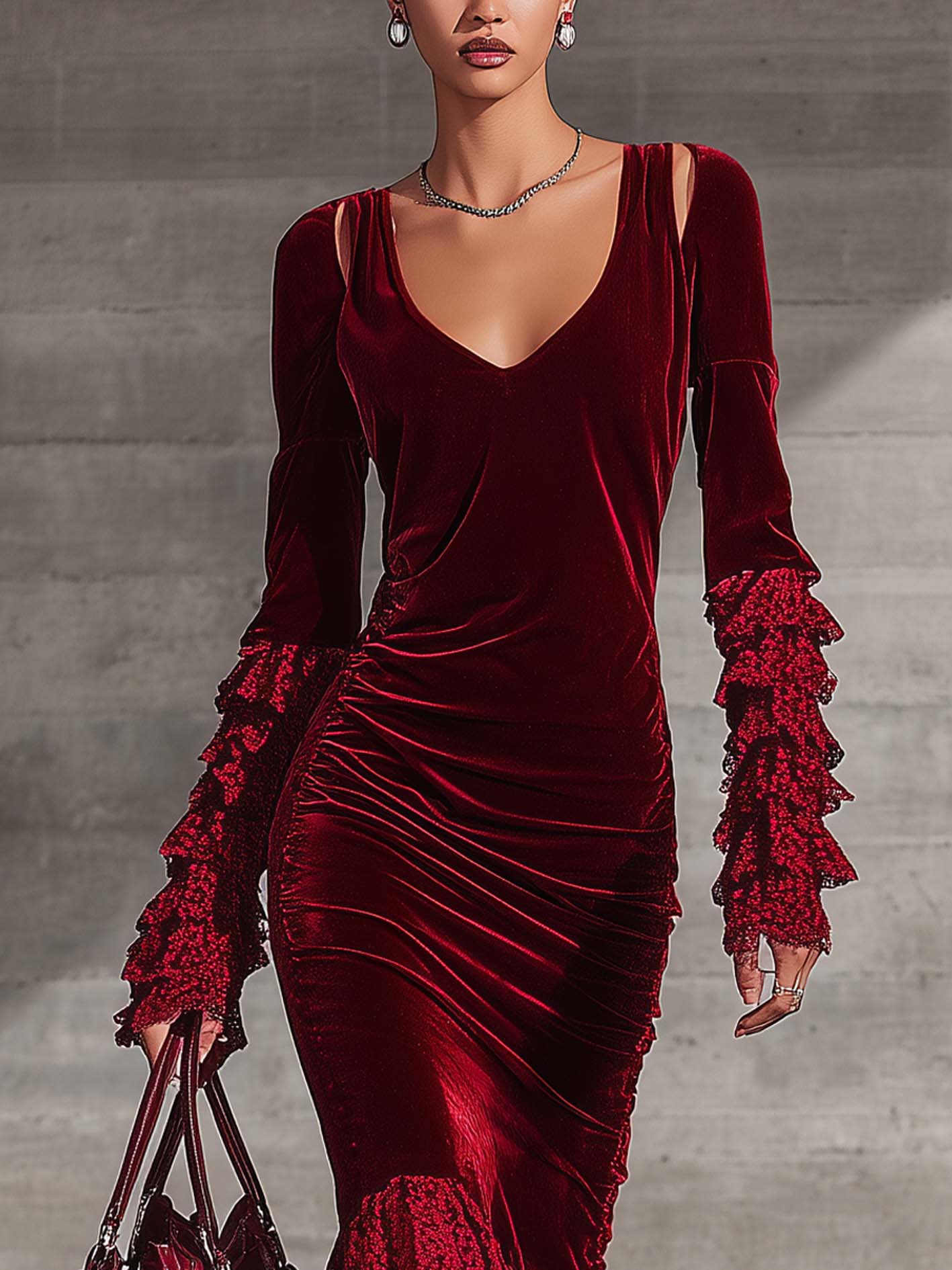 Red Velvet Lace Patchwork Hollow Out Bodycon Dress