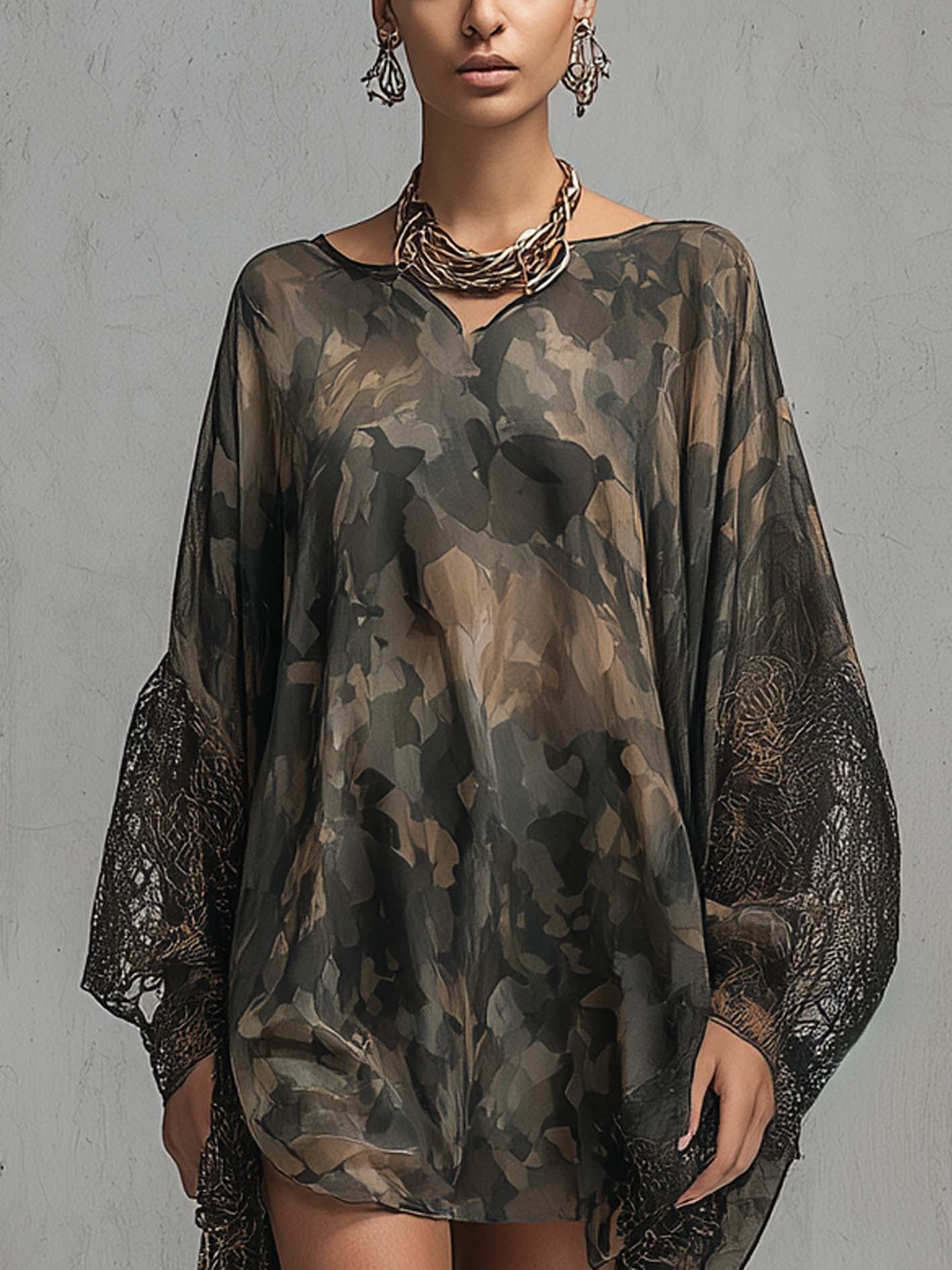 Dark Camo Chiffon Mini Dress With Lace Cuff Sleeves