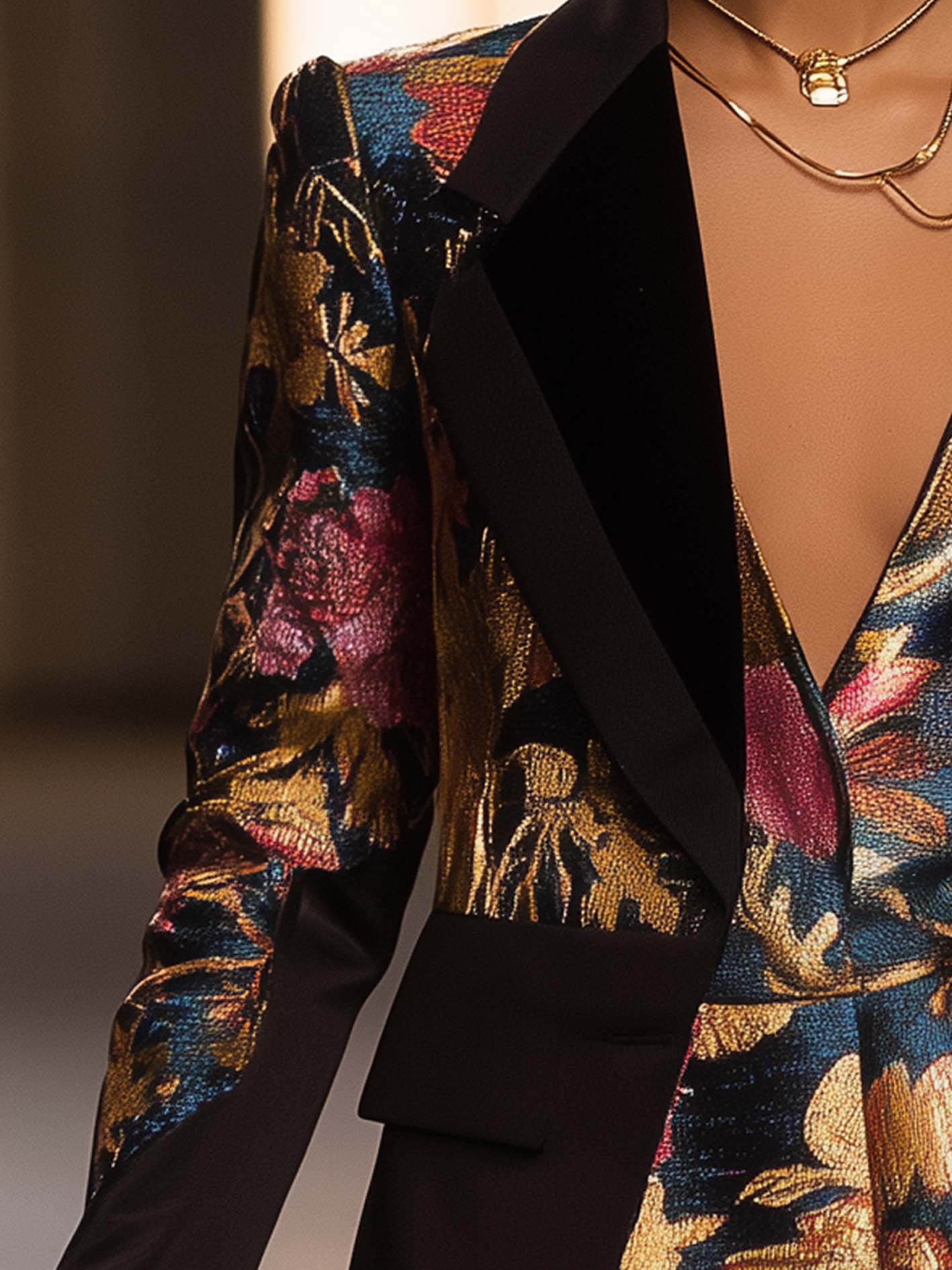 Black Blazer With Baroque And Floral Prints