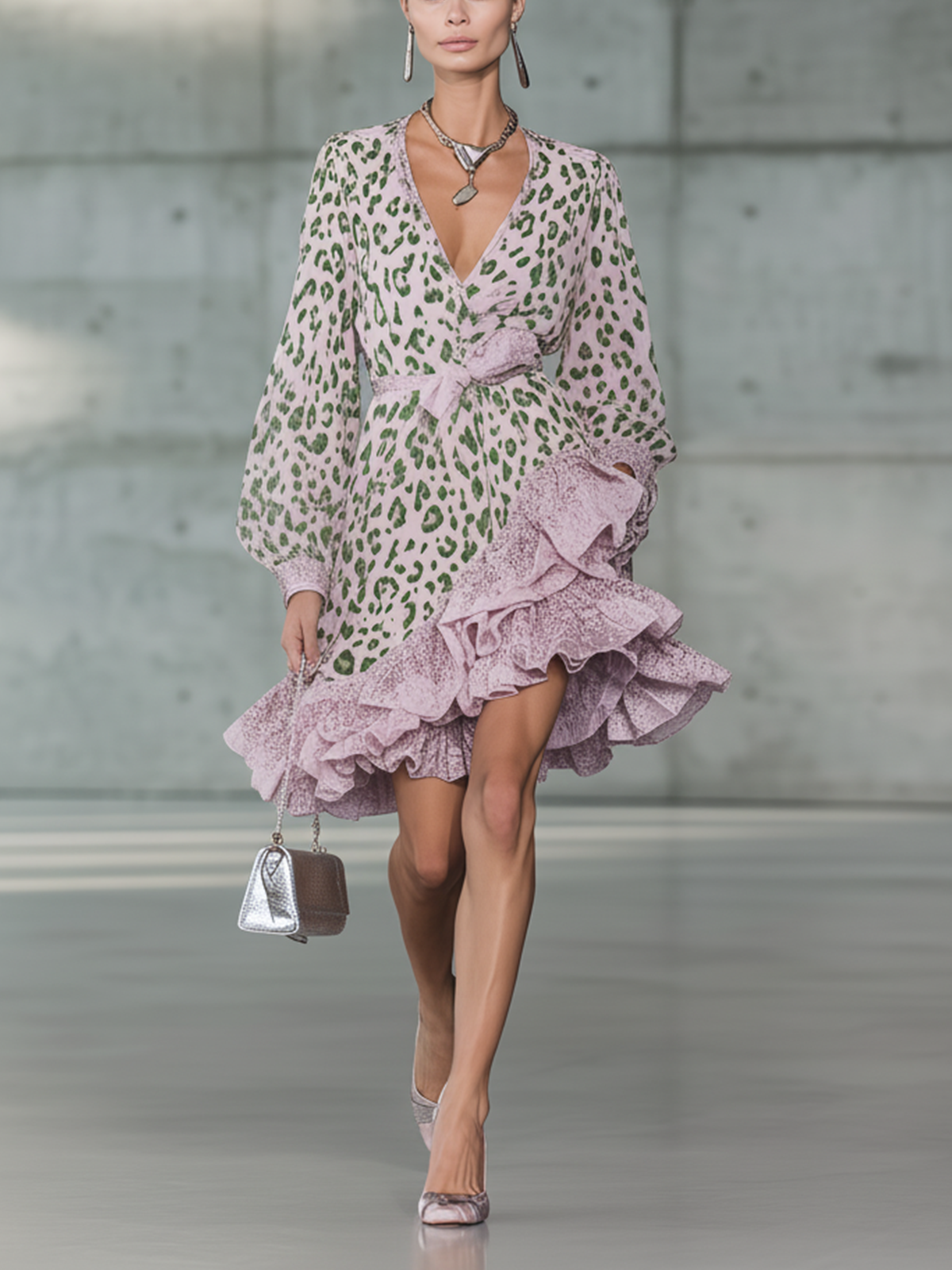 Pink Leopard Print Ruffled Chiffon Wrap-Sleeve Mini Dress