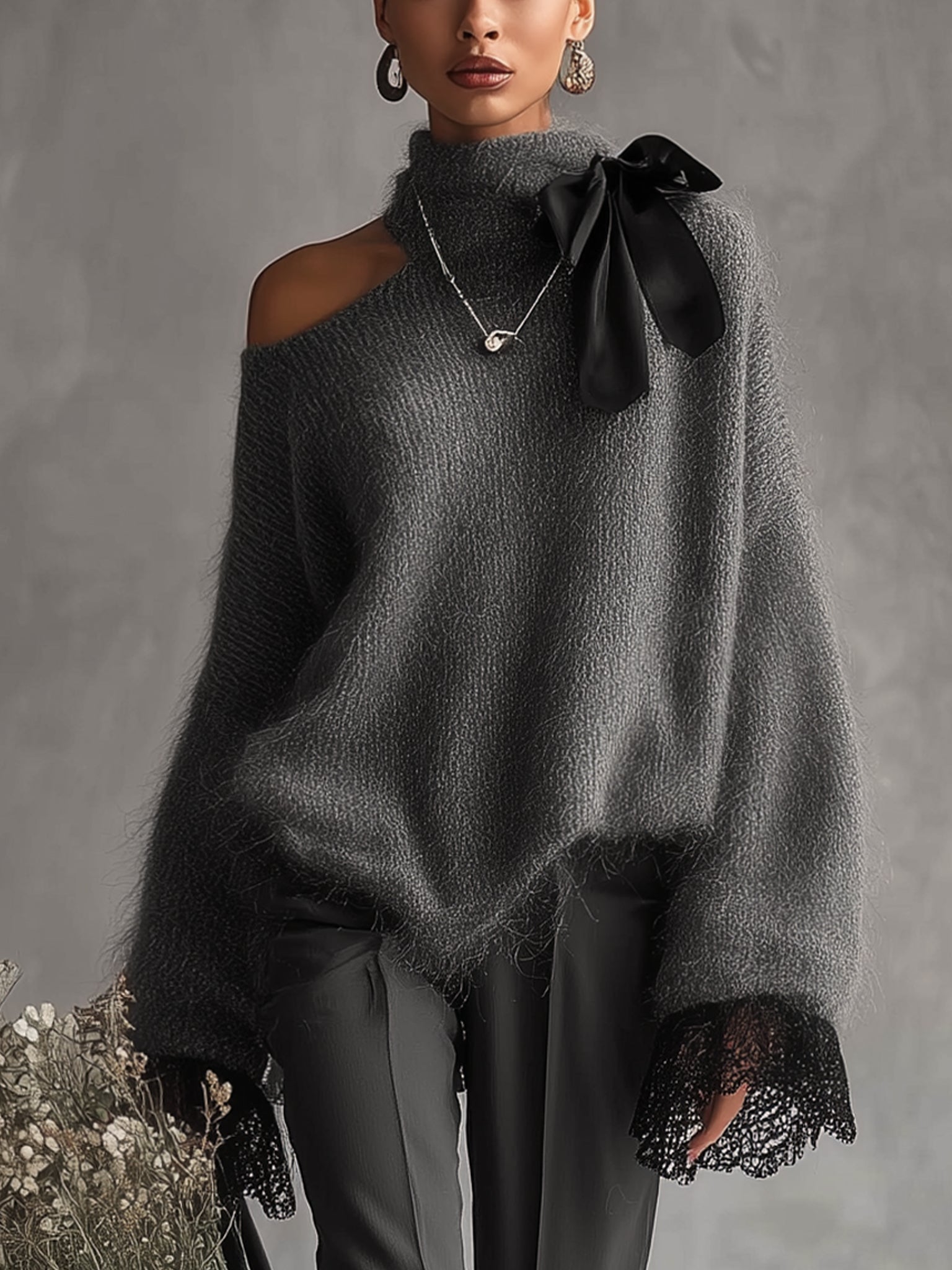 Gray Mohair Knit Sweater With Lace Cuffs
