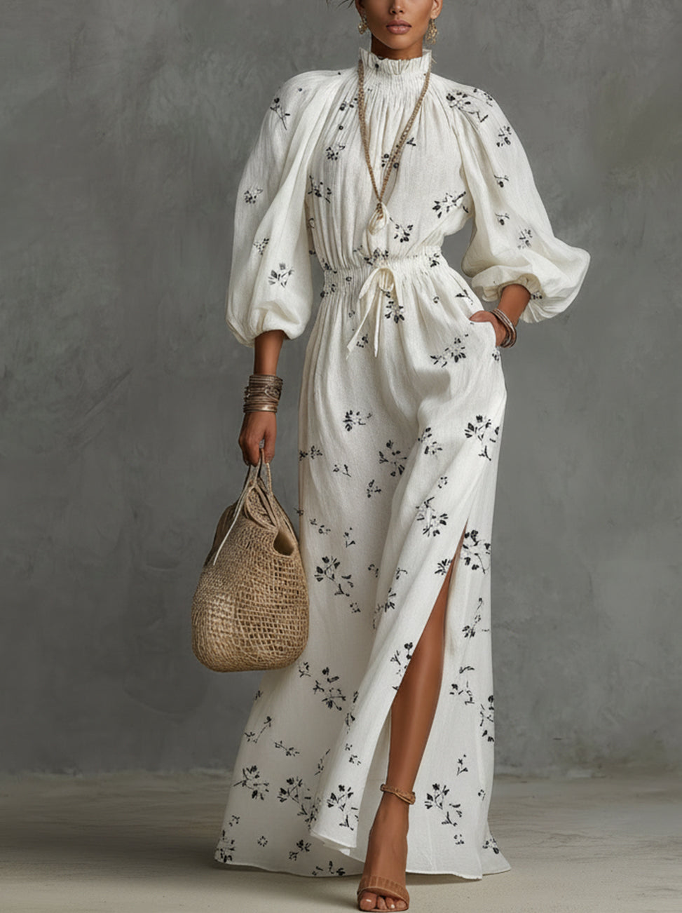 White High-neck Long Dress With Floral Print Featuring Puff Sleeves
