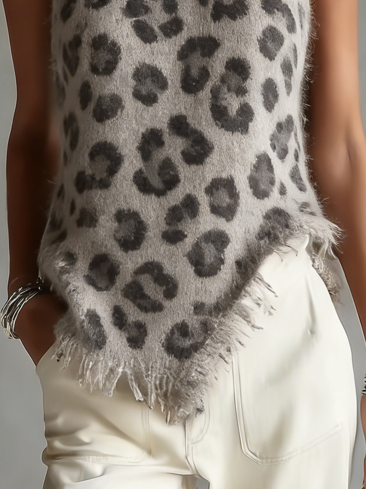 Leopard Print Turtleneck Sleeveless Fuzzy Knit Sweater Vest