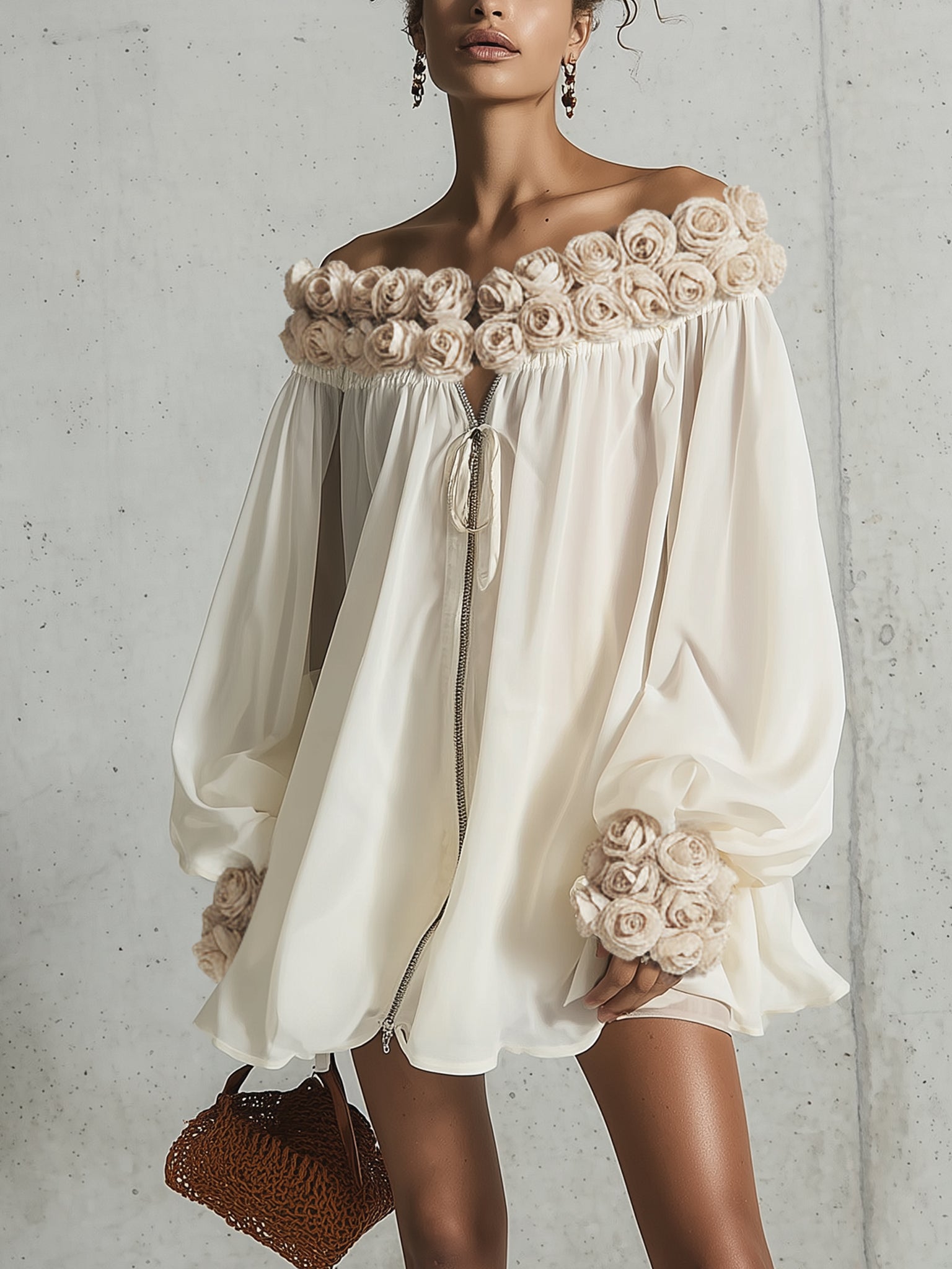 Cream 3D Floral Chiffon Zip Mini Dress