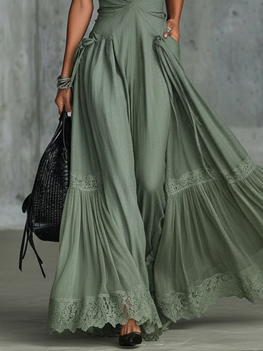Mint Green Lace Trimmed Linen Blend Cutout Maxi Dress