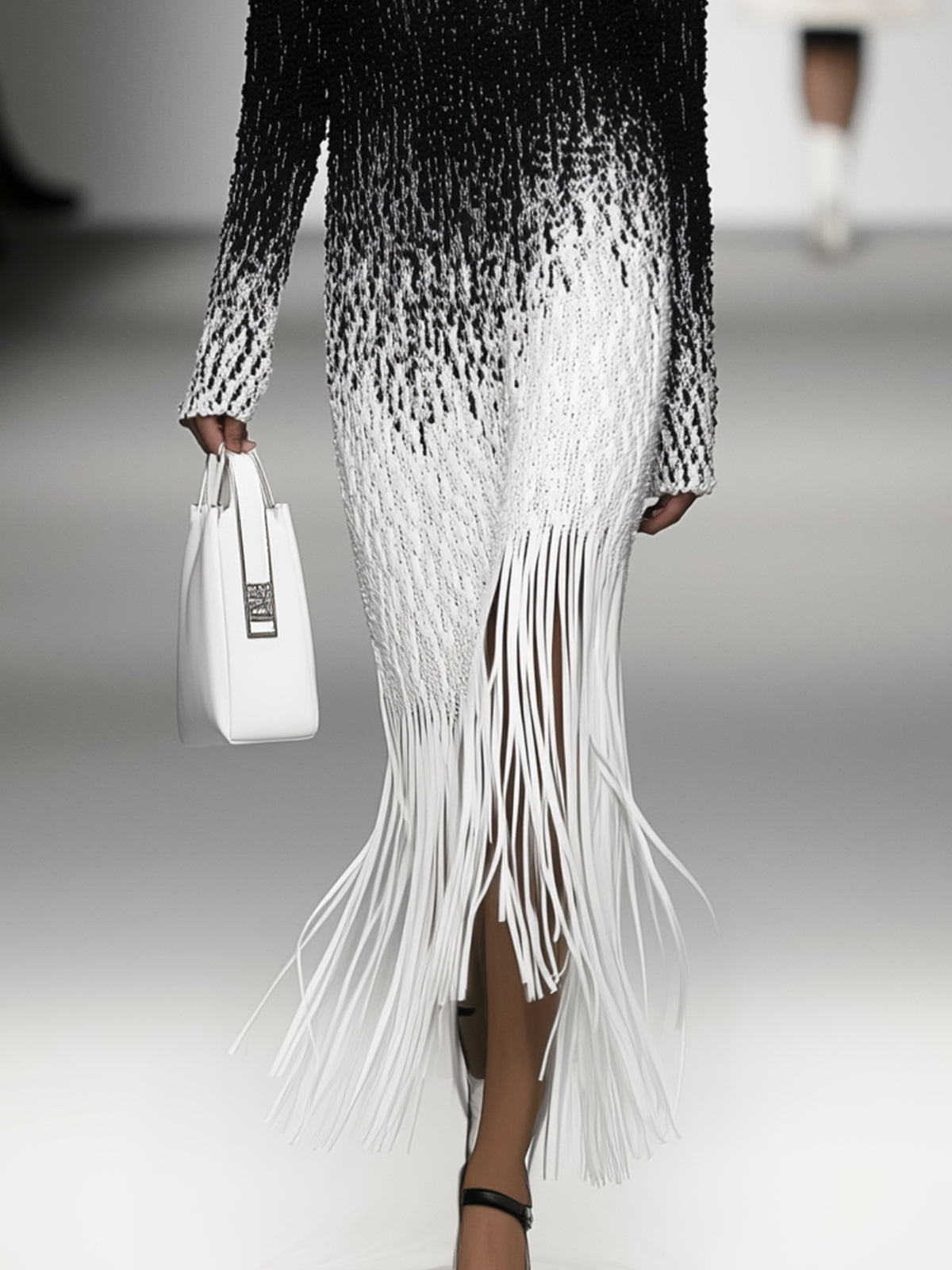 Black And White Gradient Fringe Knit Dress