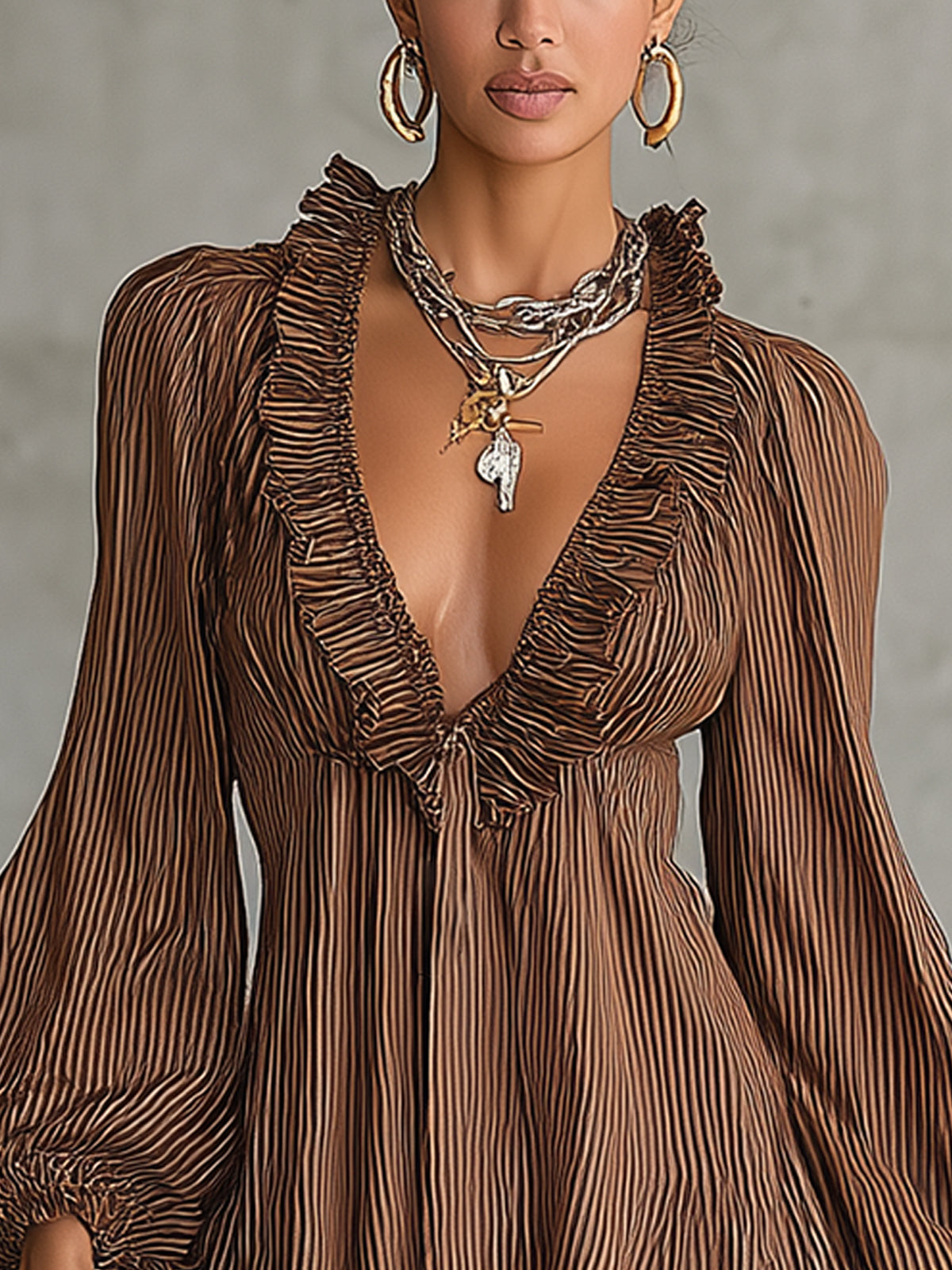 Brown Pleated Ruffle Blouse With Deep V-Neck And Flared Hem
