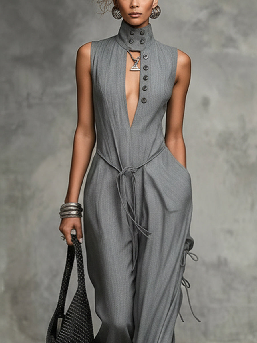 Gray Cotton Linen Sleeveless Button Up Loose Jumpsuit