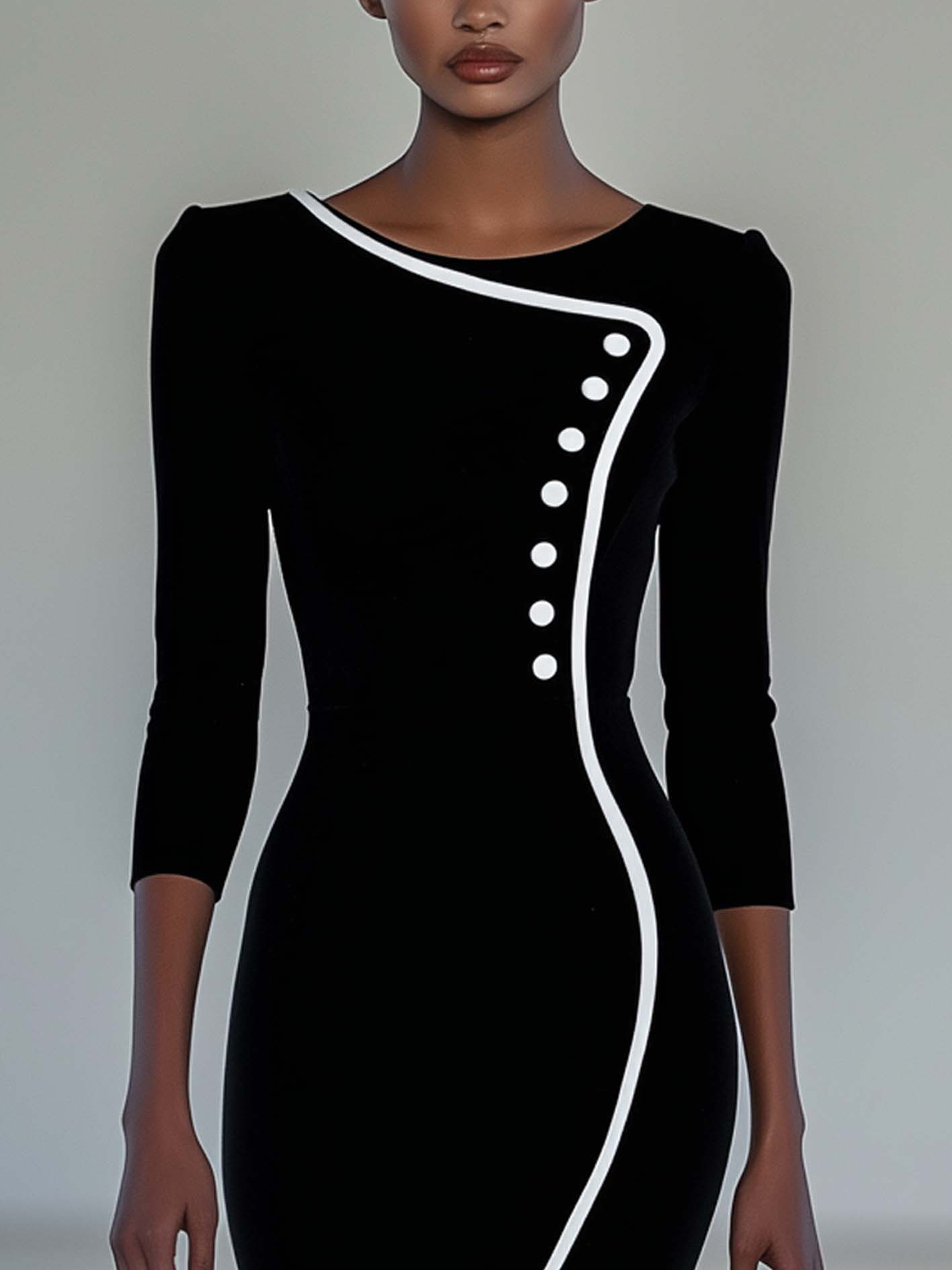 Office Lady Black Midi Bodycon Dress With White Hem