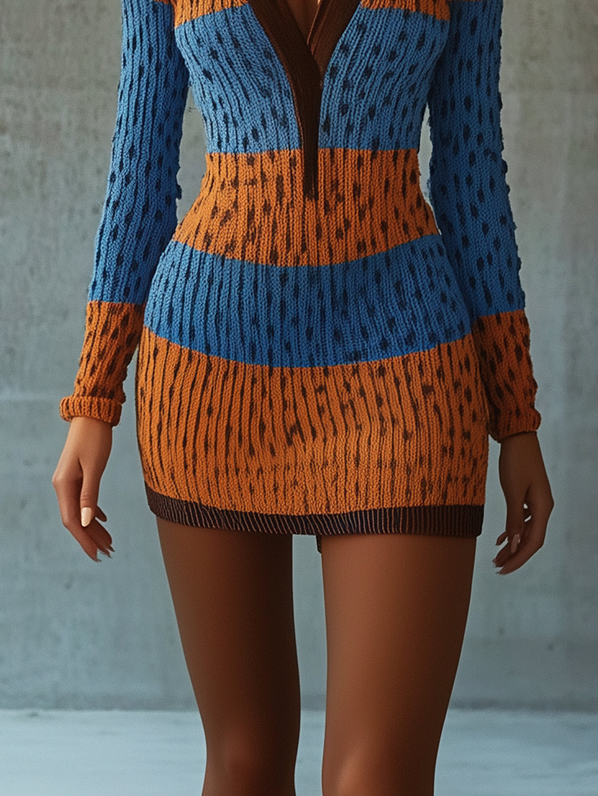 Orange And Blue Leopard Print Knit Neck Long Sleeved Mini Dress