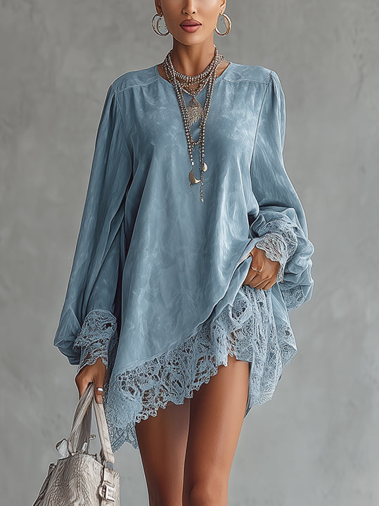Blue Faux Suede Mini Dress With Lace Hem