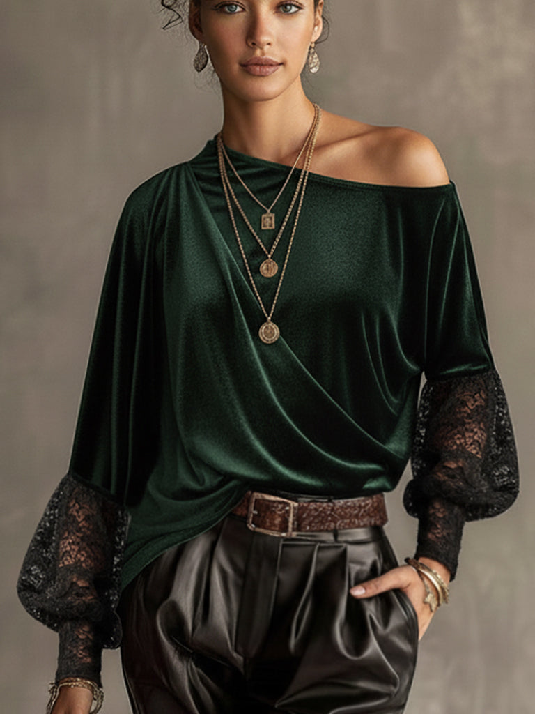 Emerald Velvet One Shoulder Lace Sleeve Top