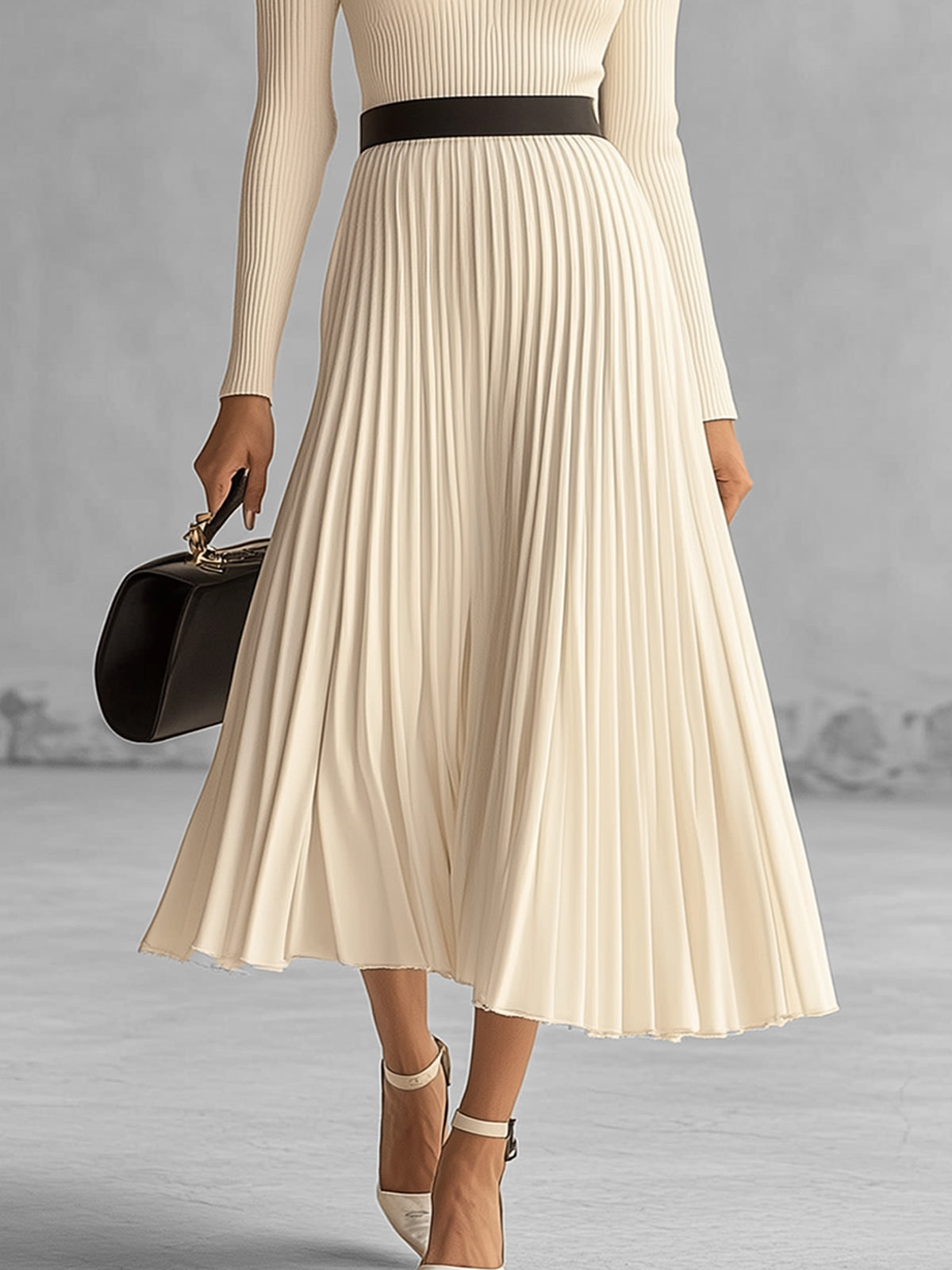 Off Shoulder Ribbed Knit Dress With Pleated Skirt