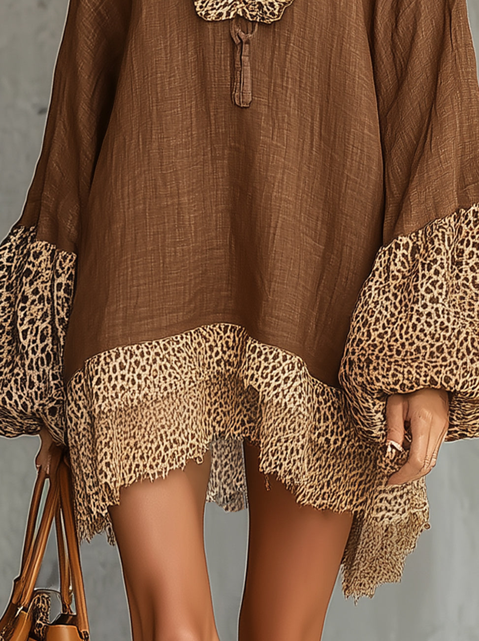 Brown V-Neck Long Sleeve Leopard Ruffle Trim Mini Dress