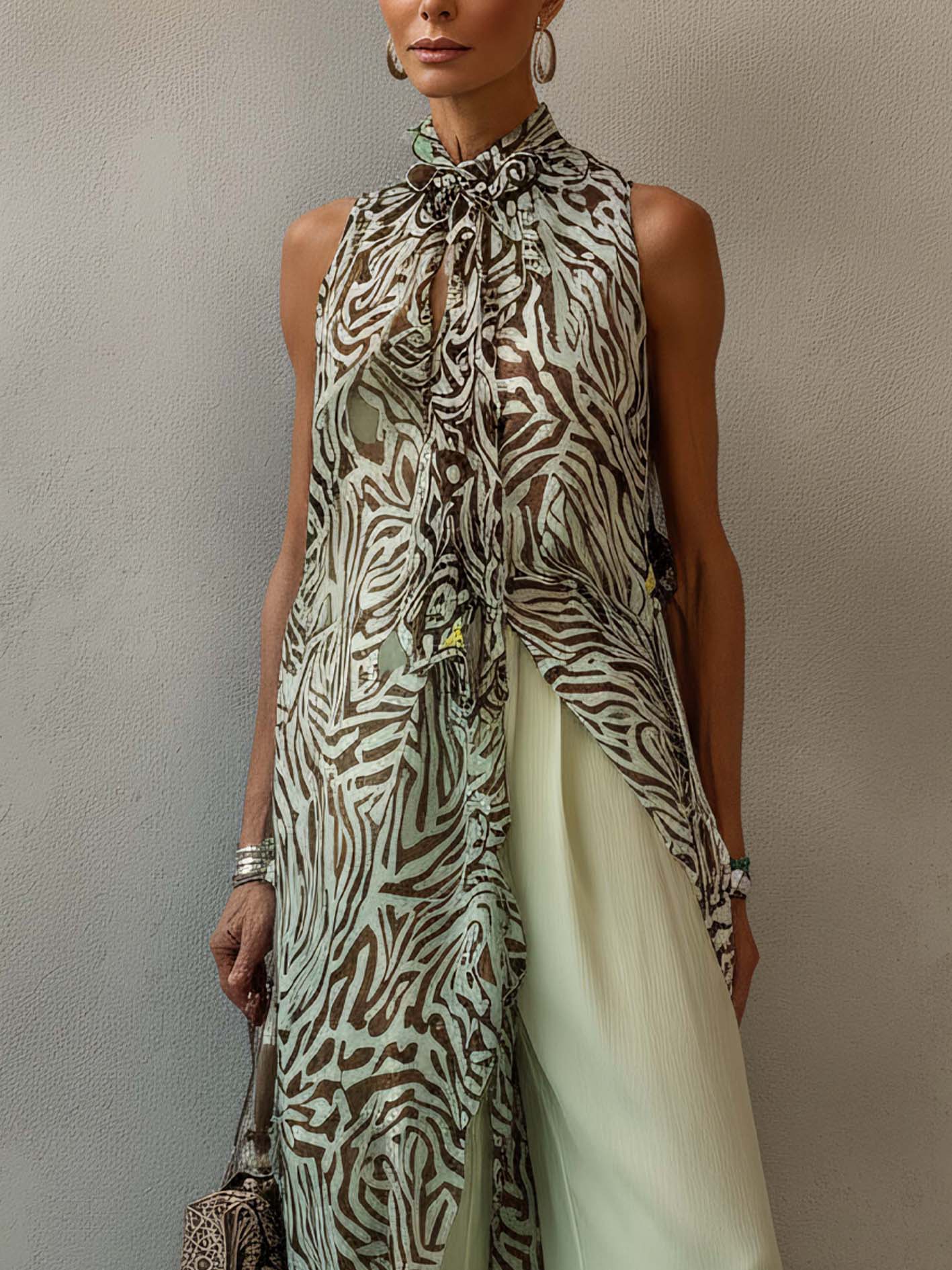 Light Green Zebra Print Chiffon Bow Tie Top And Wide Leg Pants Set