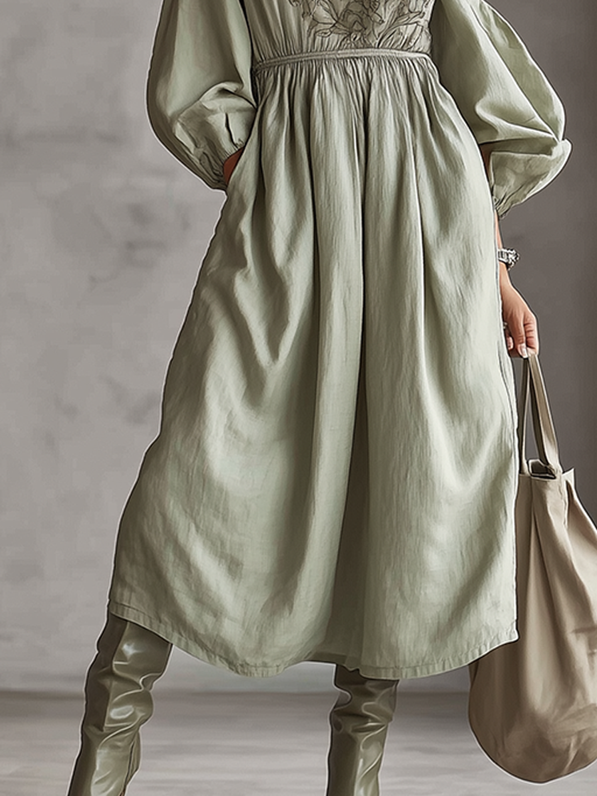 Green One-Shoulder Embroidered Balloon Sleeve Midi Dress