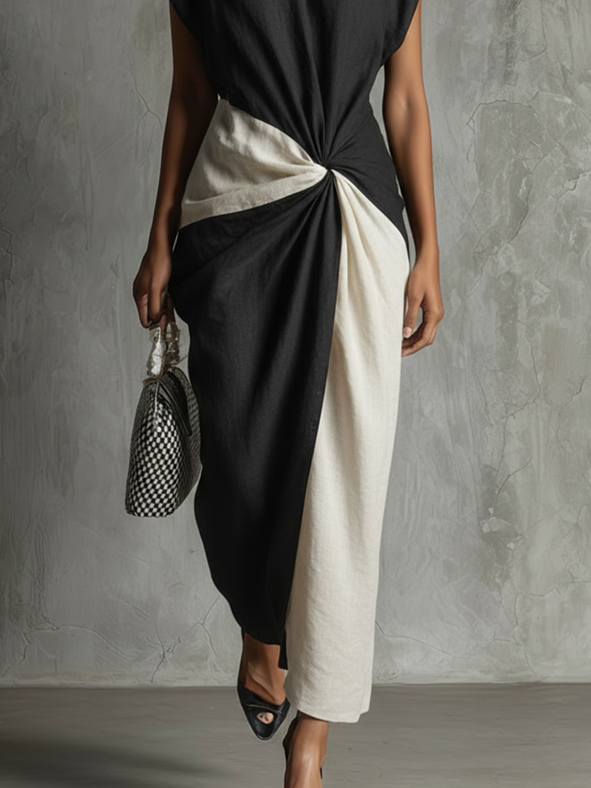 Two-Tone Maxi Dress With Draped Twist Front And Sculpted Silhouette