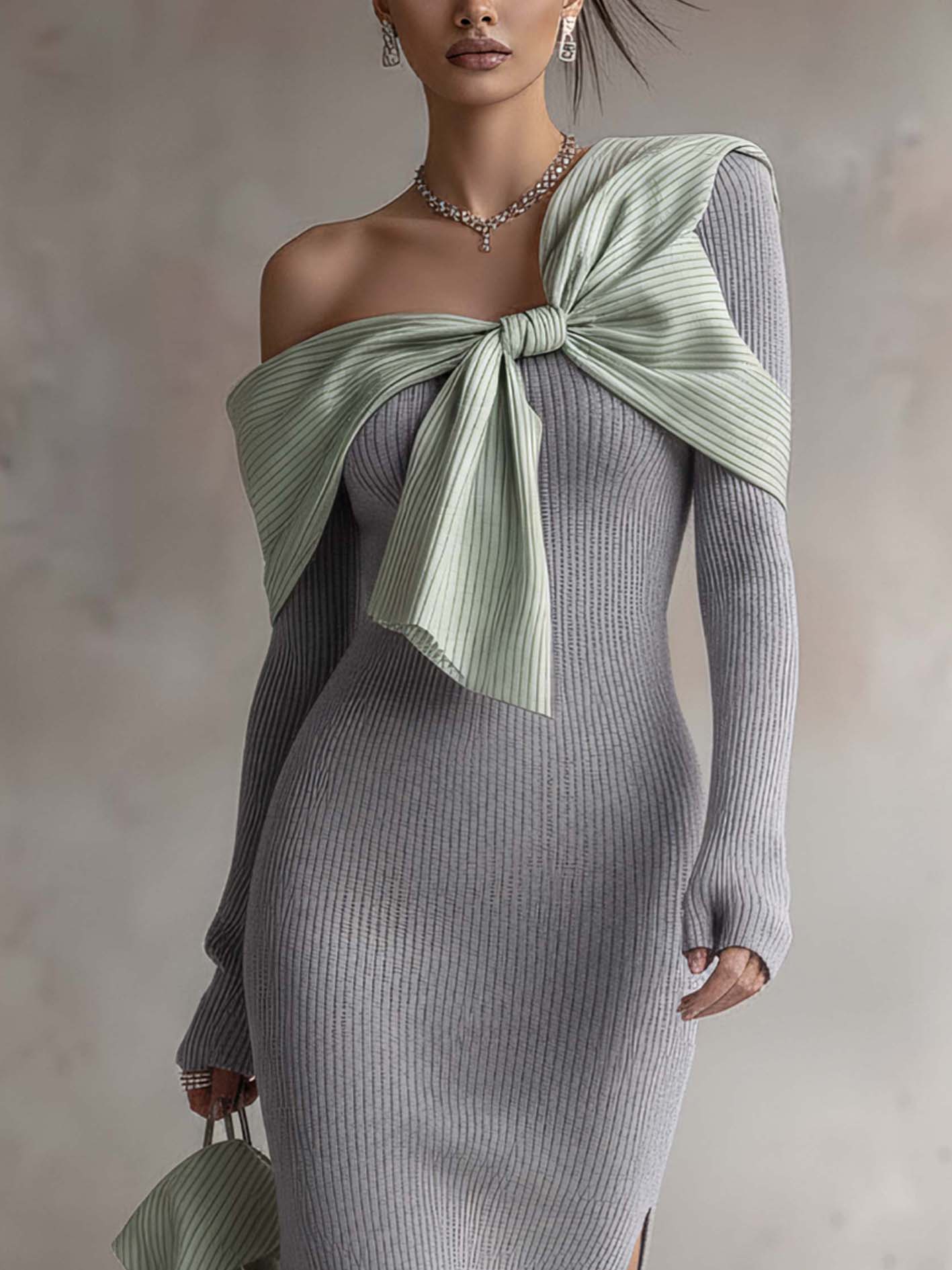 Gray One Shoulder Knit Bodycon Dress With Contrast Bow Detail