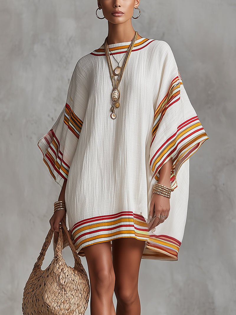 White Boho Striped Trim Kaftan Linen Mini Dress