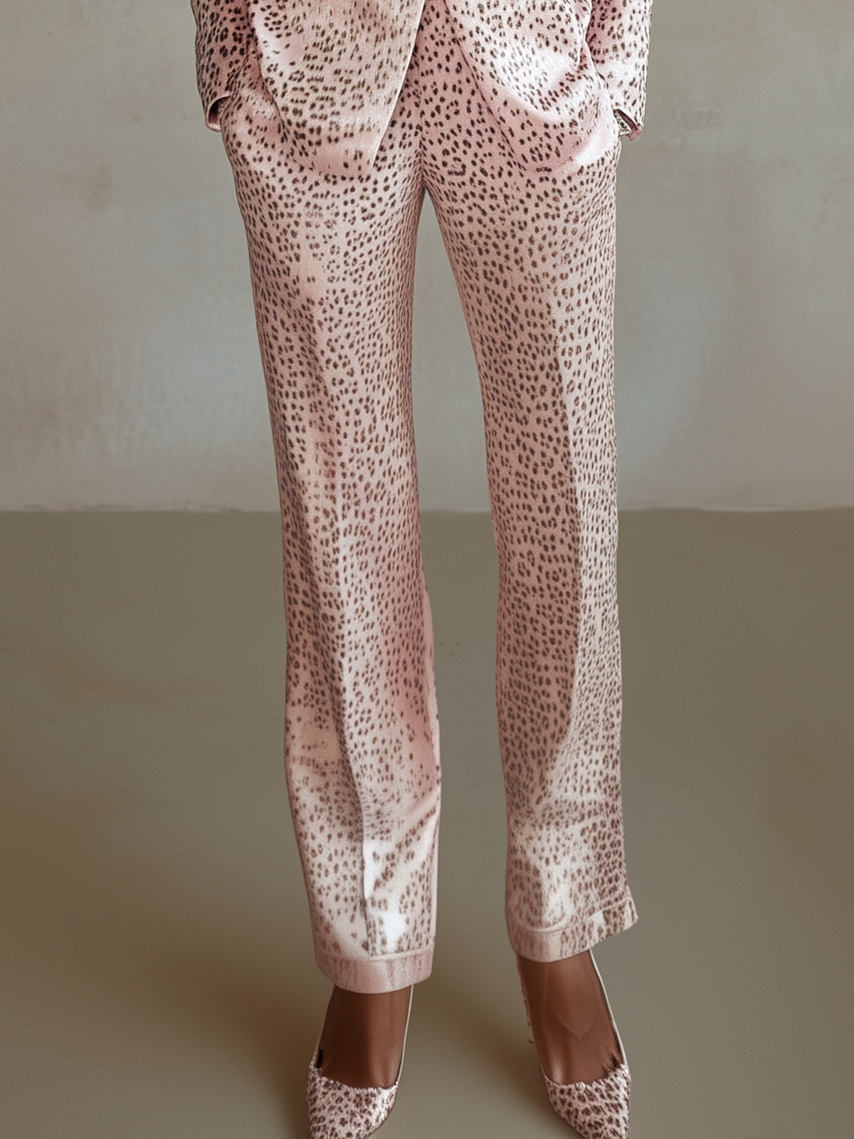 Pink Leopard Print Satin Shawl Collar Suit