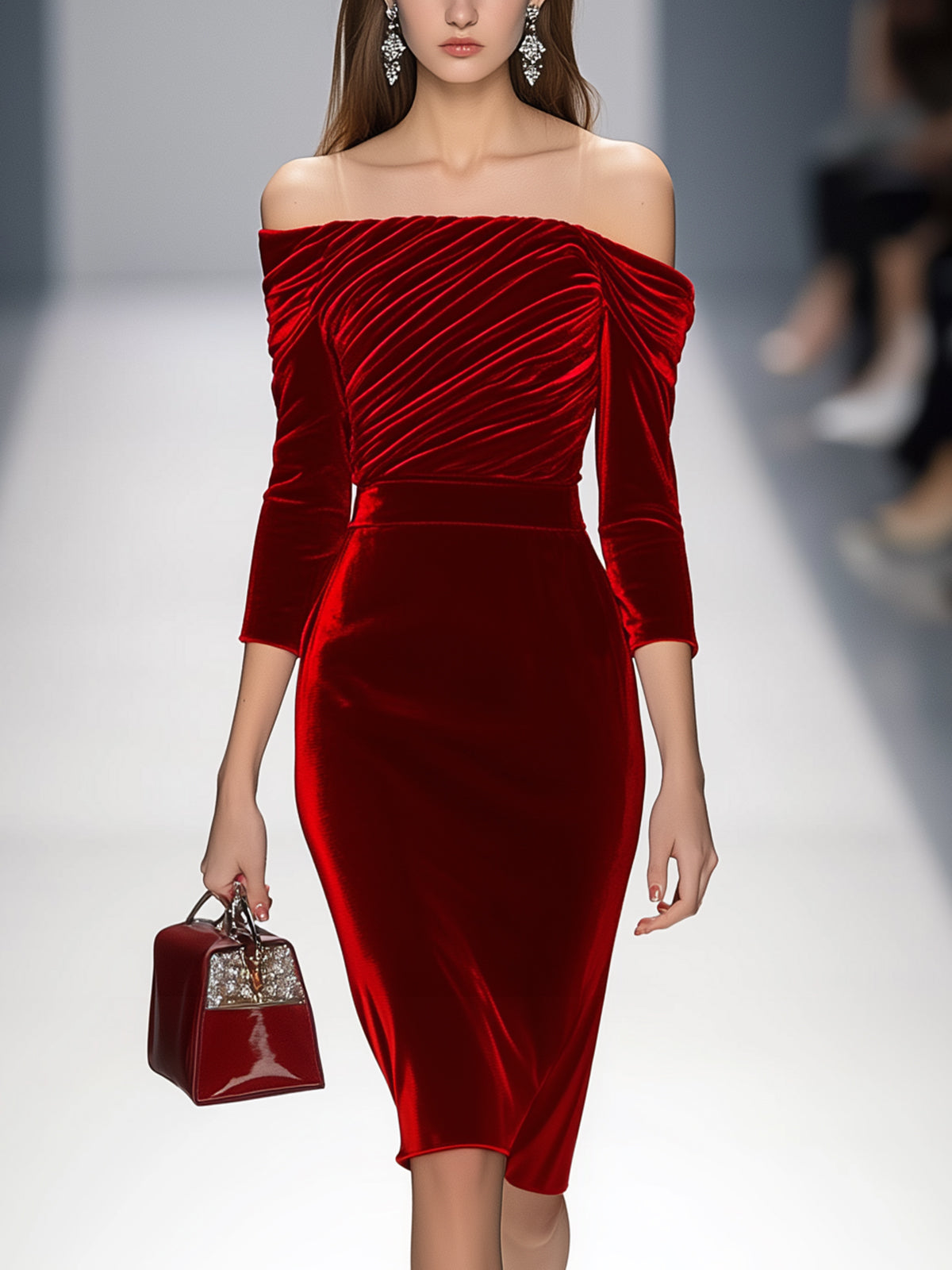 Elegant Off Shoulder Ruched Velvet Dress