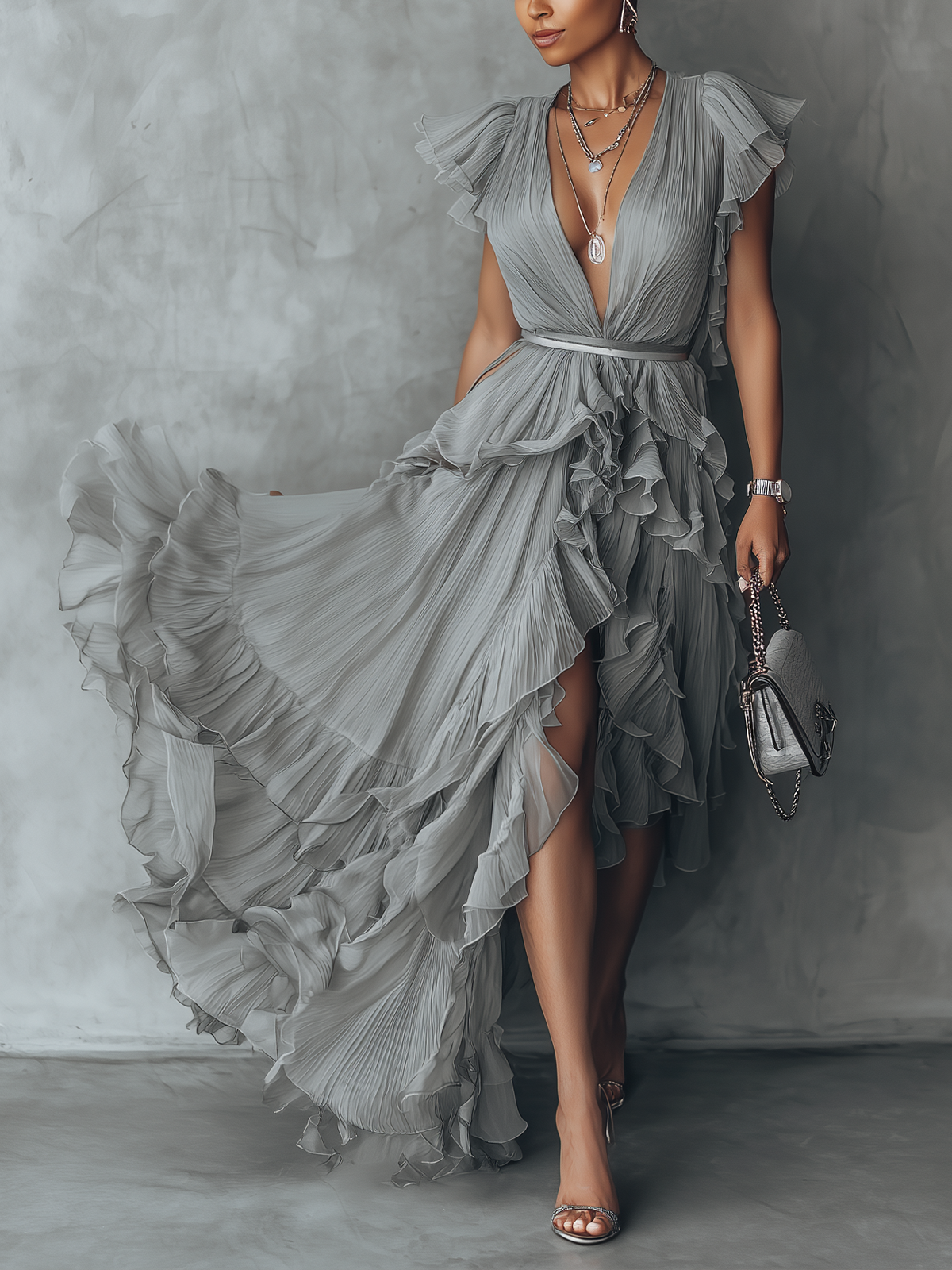 Gray Pleated Ruffle Chiffon Wrap Maxi Dress