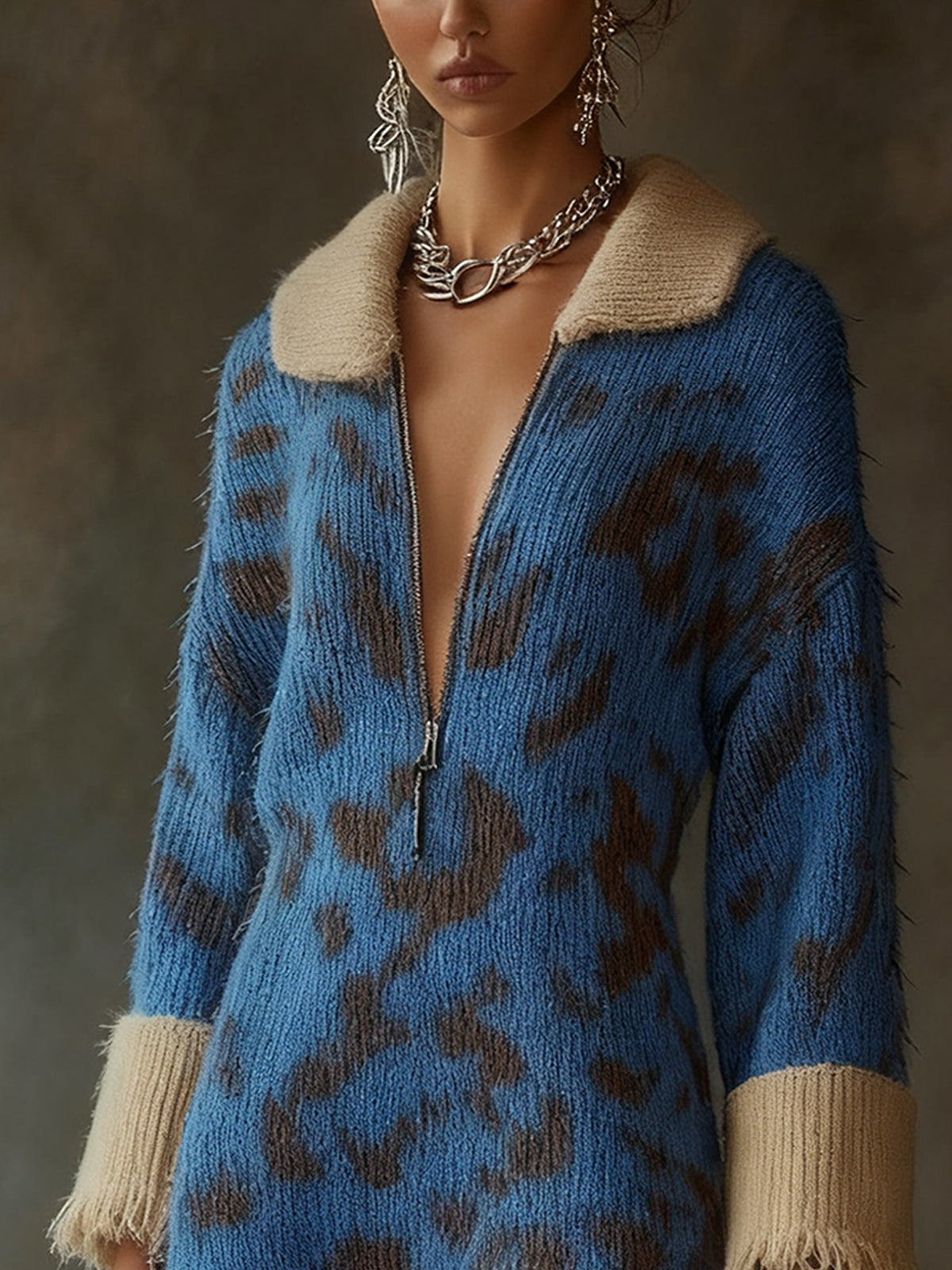 Blue Leopard Print Knit Dress With Beige Trim And Zip Neckline