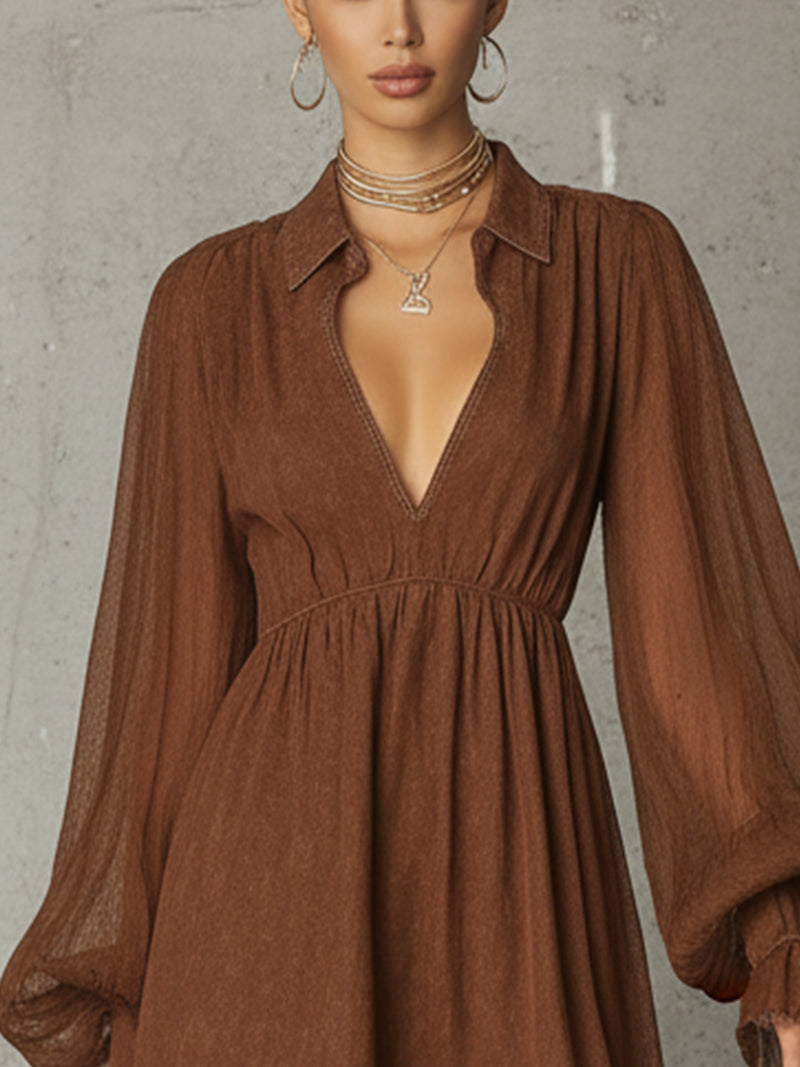 Brown Deep V-Neck Long Sleeve Mini Dress