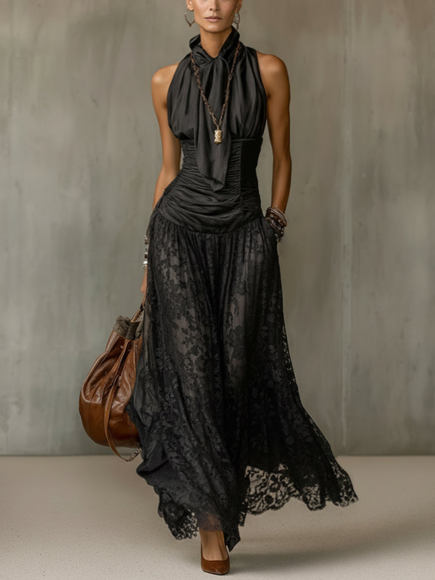 Black Satin Sleeveless Lace Flared Maxi Dress