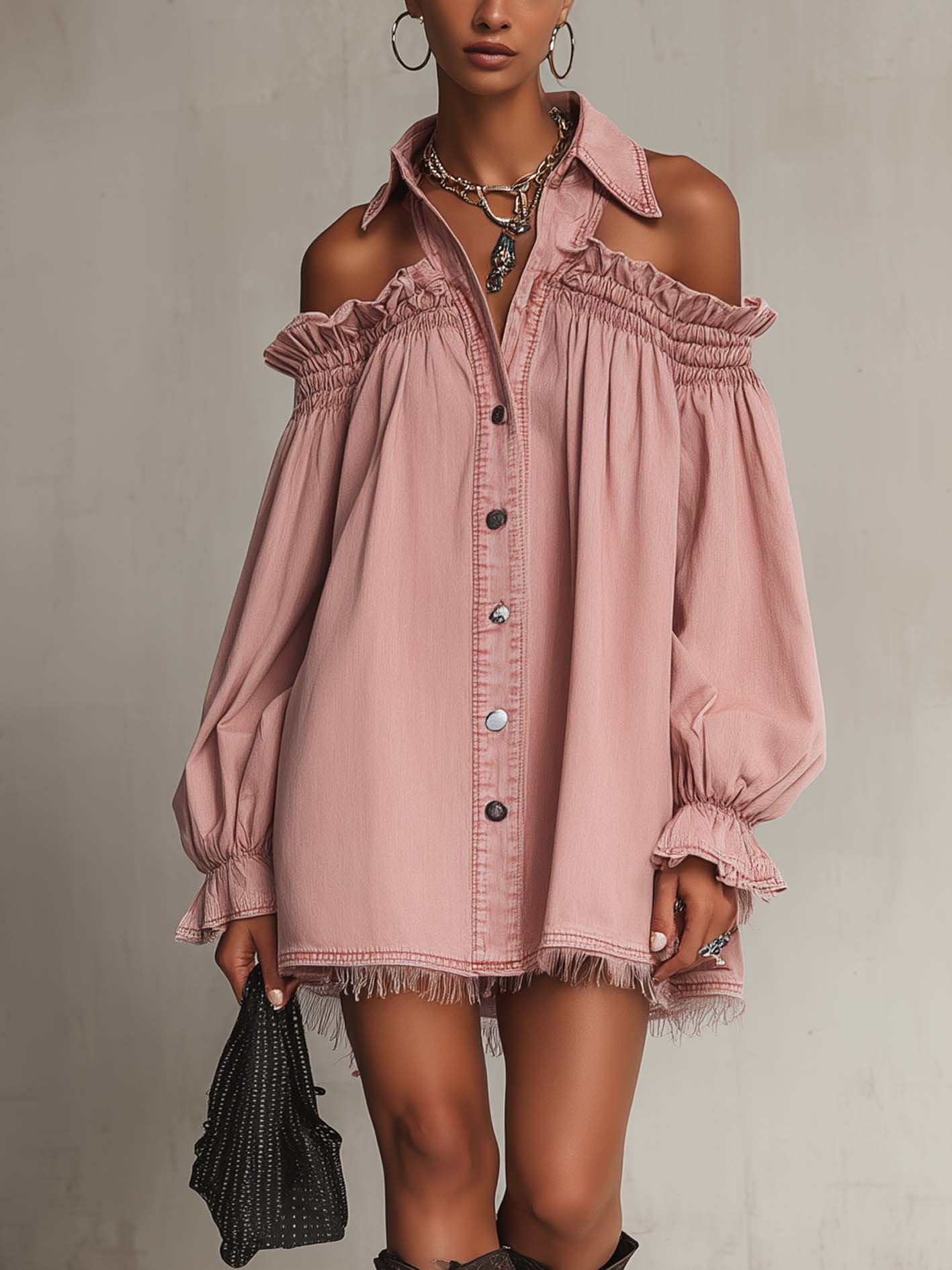 Pink Cold Shoulder Denim Mini Dress With Turn-Down Collar