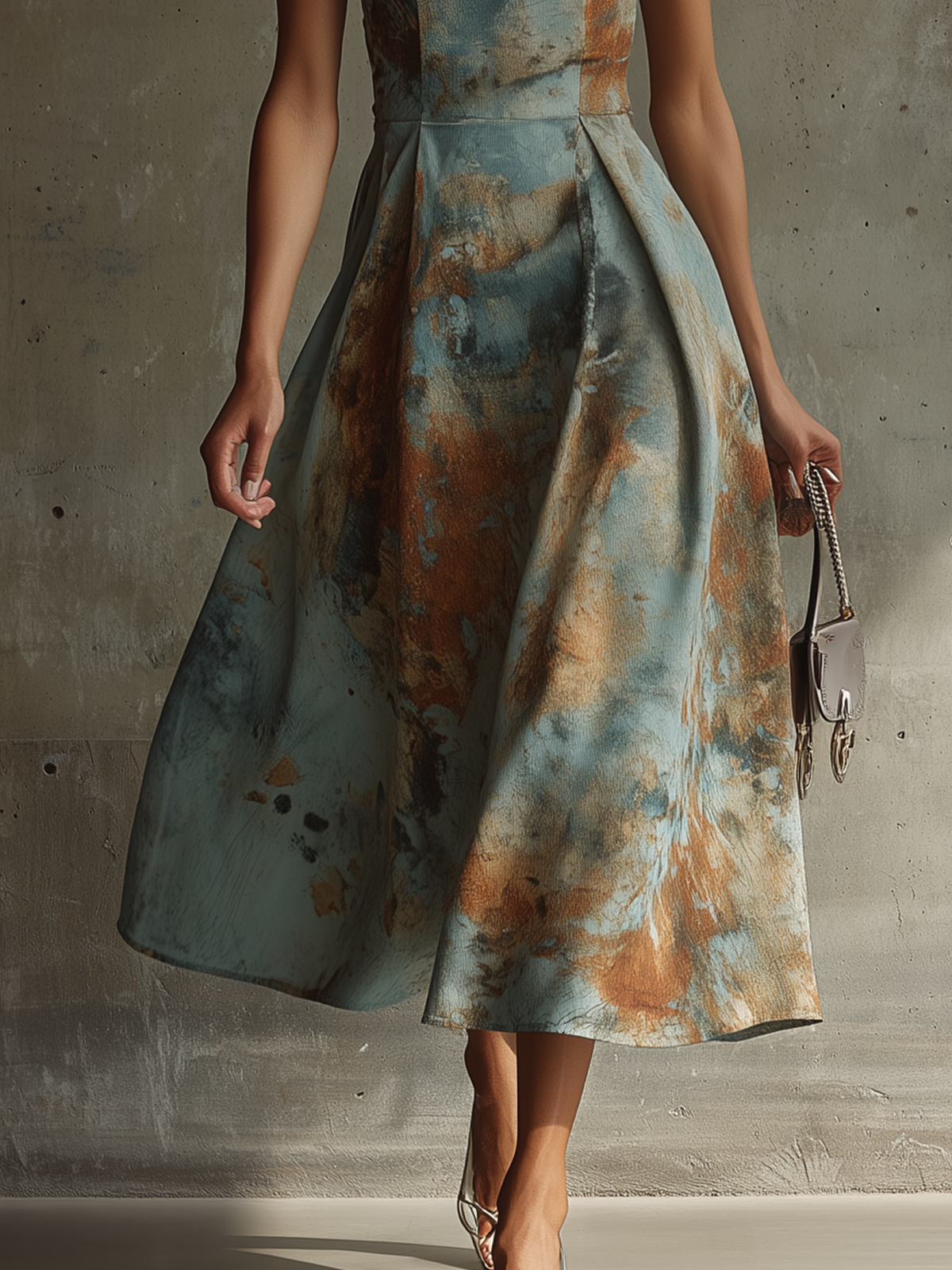 Blue Abstract Print Sleeveless Pleated Midi Dress