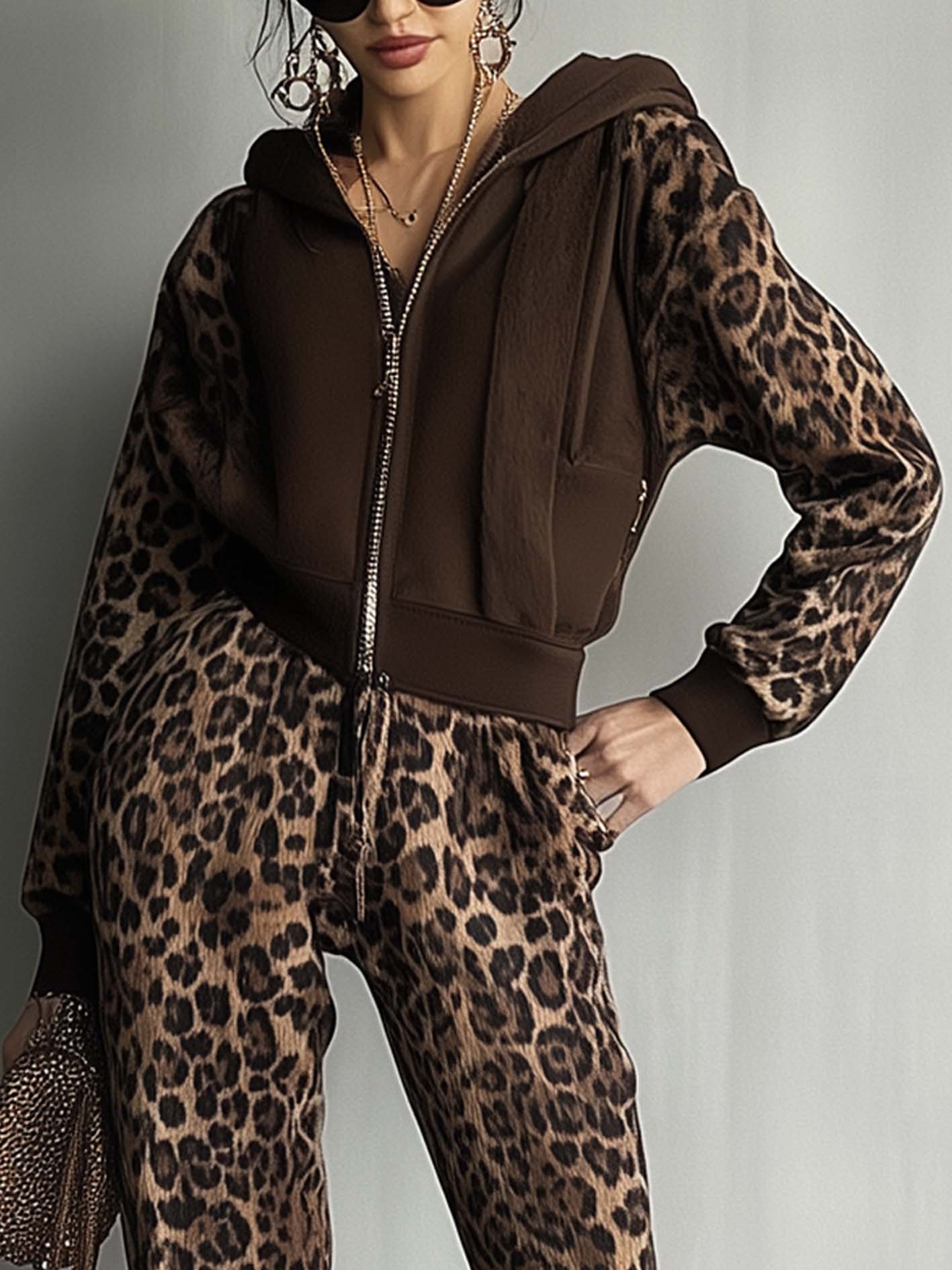 Brown Hooded Sweatshirt Jumpsuit With Leopard Print