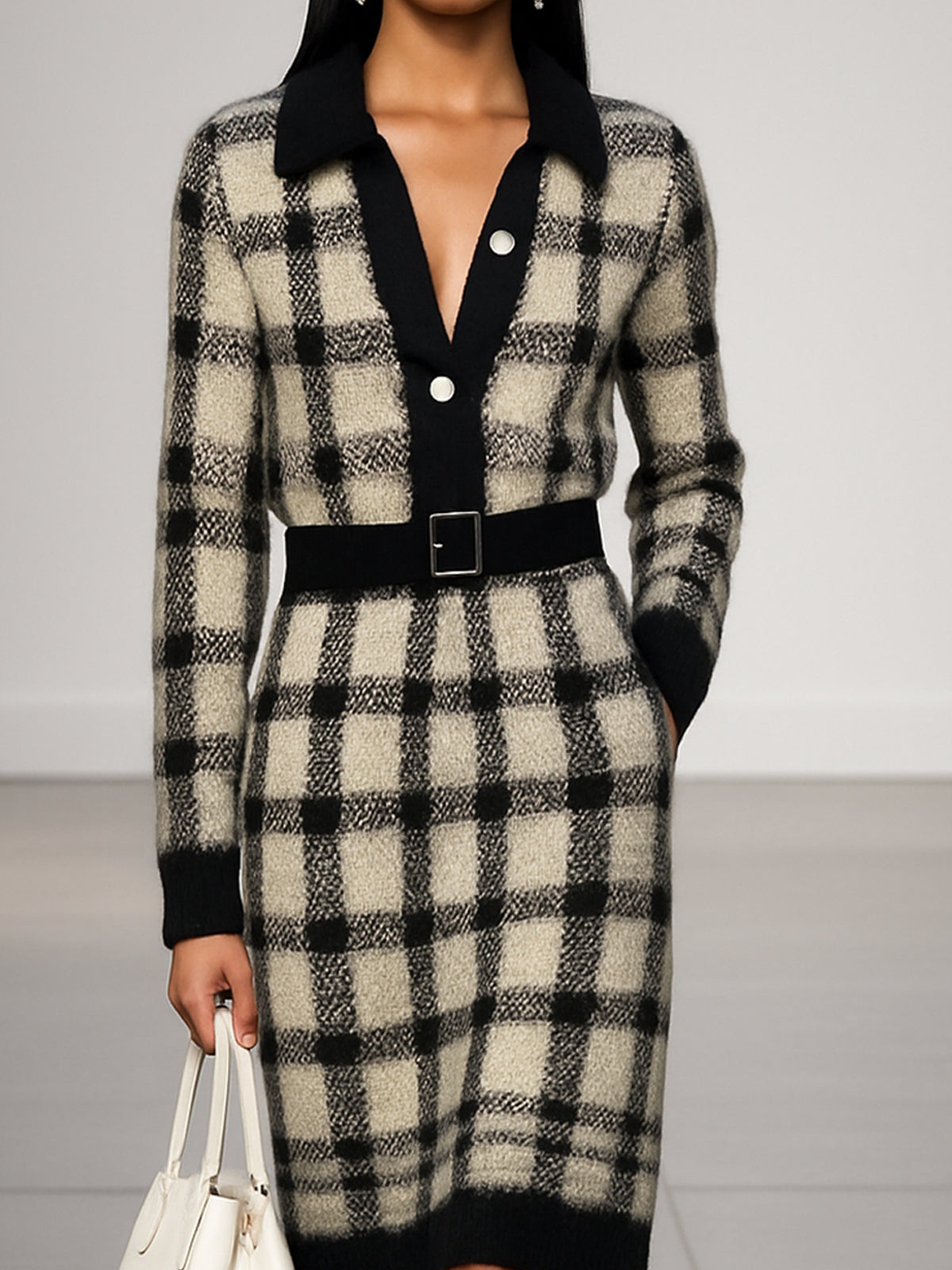 Plaid Knit Sweater Dress With Pocket