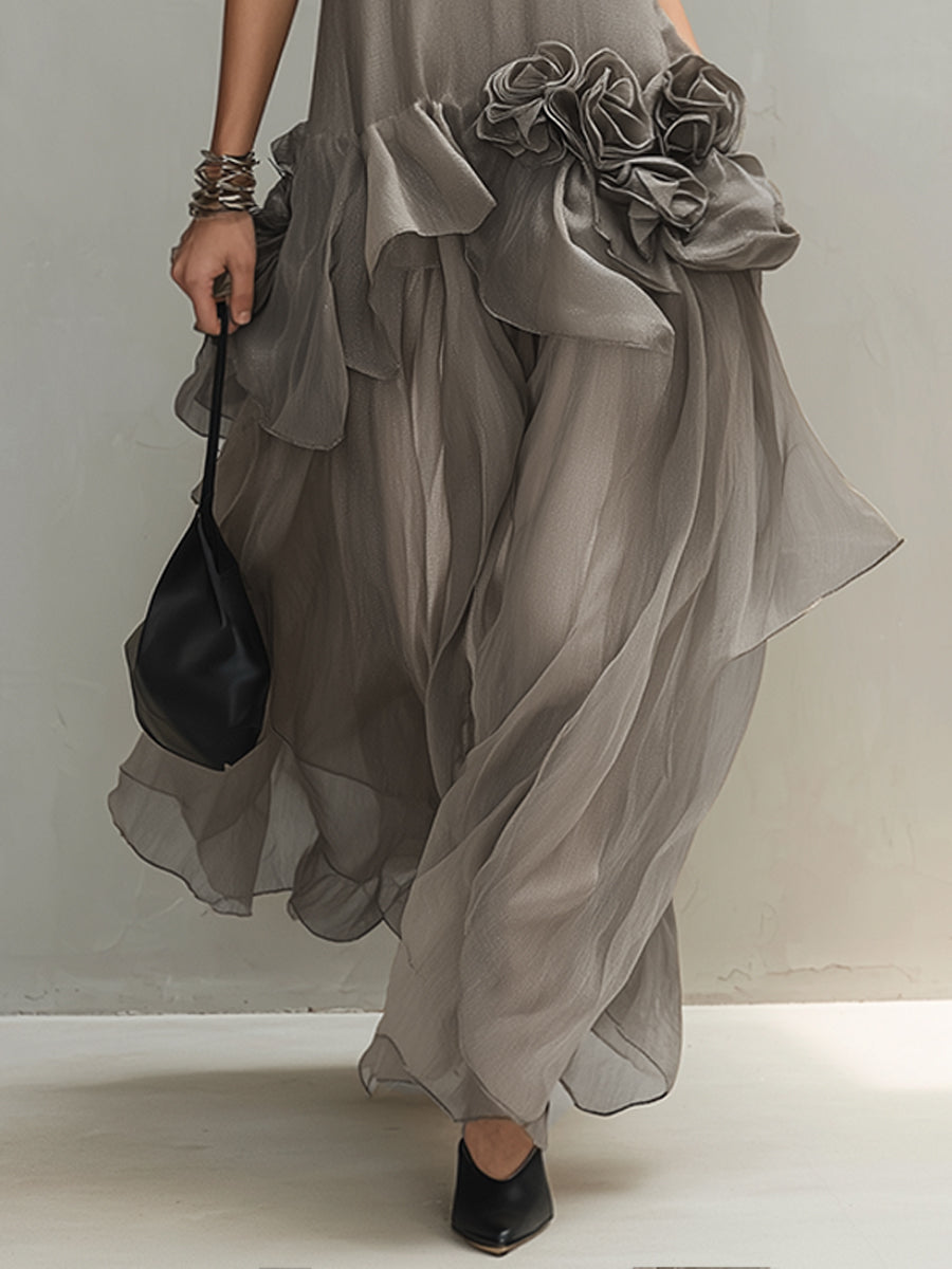 Gray Sleeveless Layered Maxi Dress With Dimensional Floral Accents
