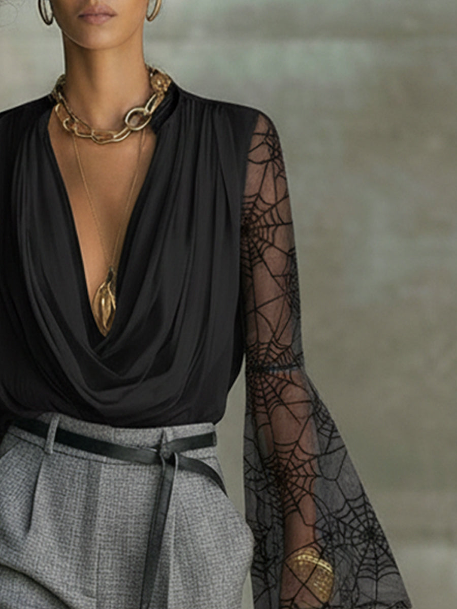 Black Chiffon Relaxed V-Neck Shirt With Flocked Long Sleeves