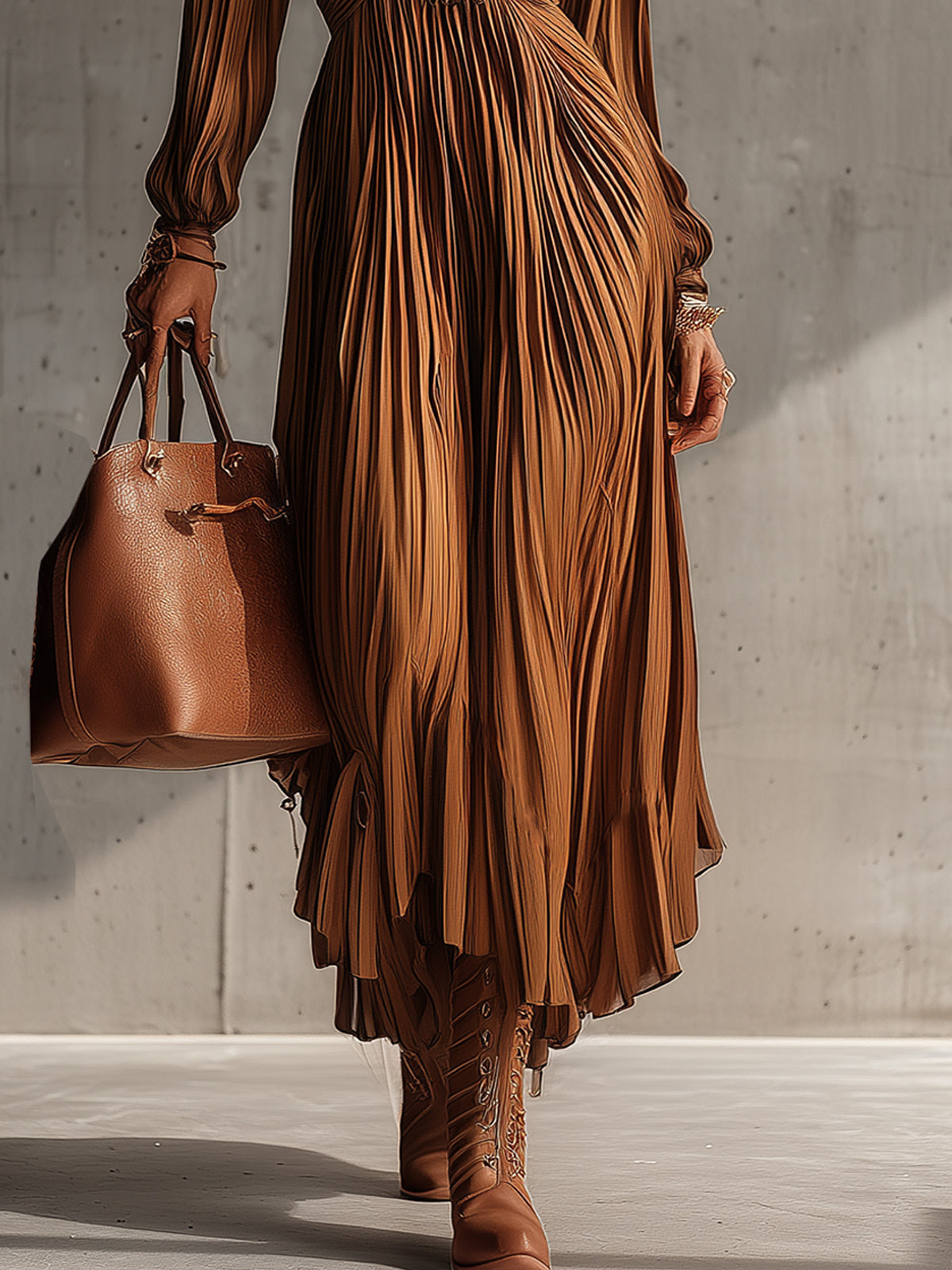 Brown Pleated High-Neck Maxi Dress With Gathered Waist
