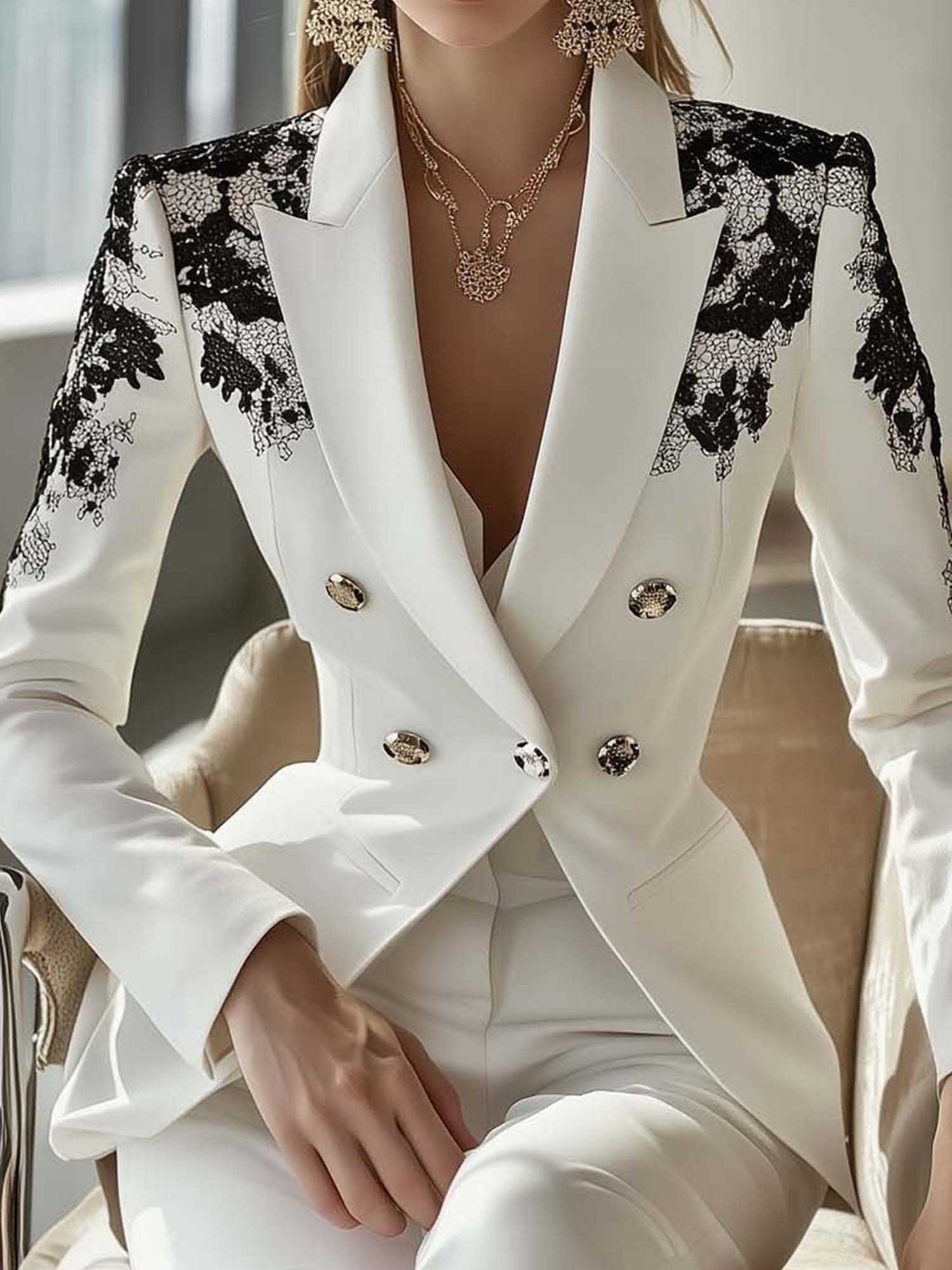 Office Lady Elegant Black Lace Print White Blazer