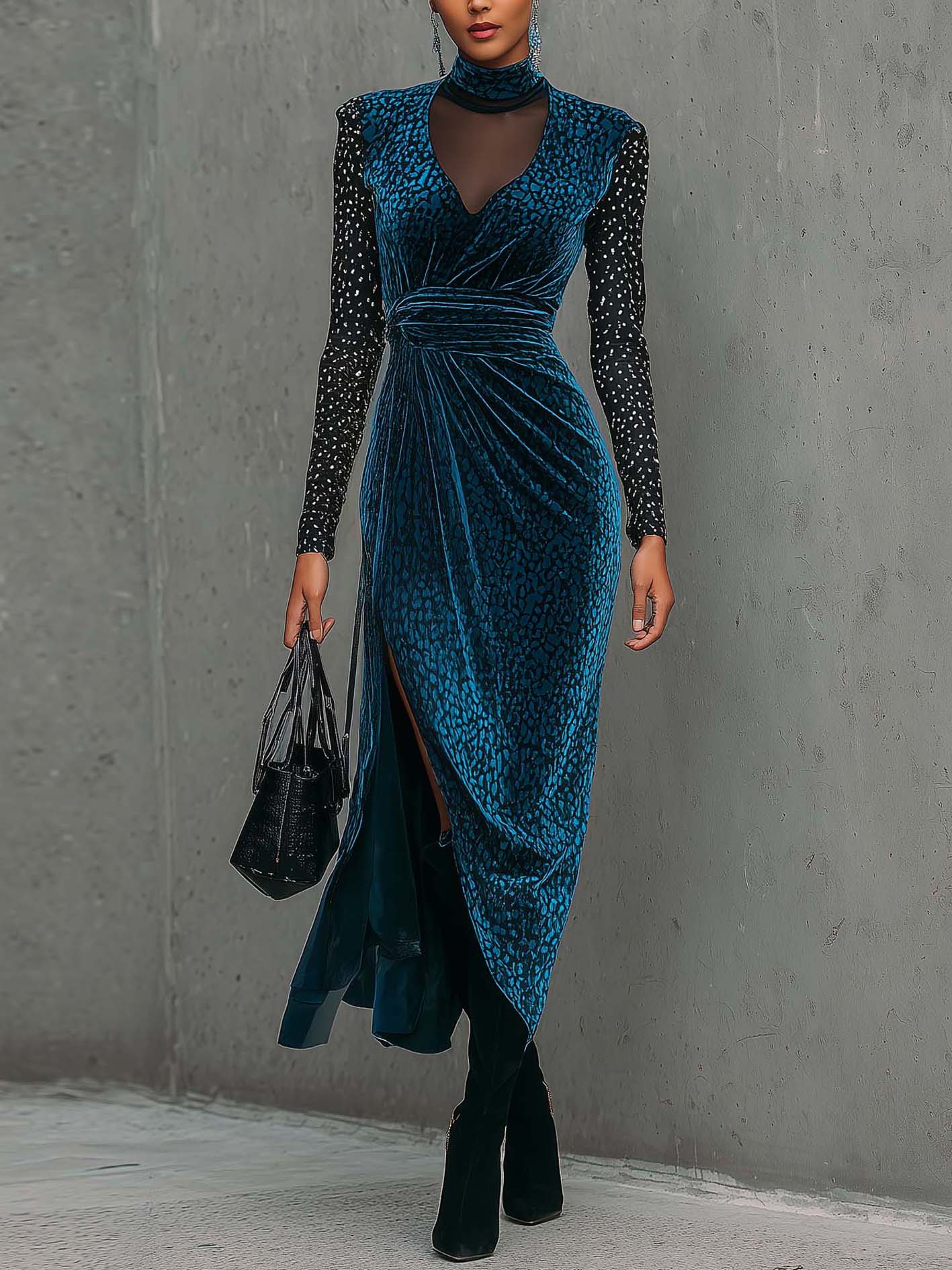 Peacock Blue Velvet Vintage Pattern Mesh Panel Bodycon Dress