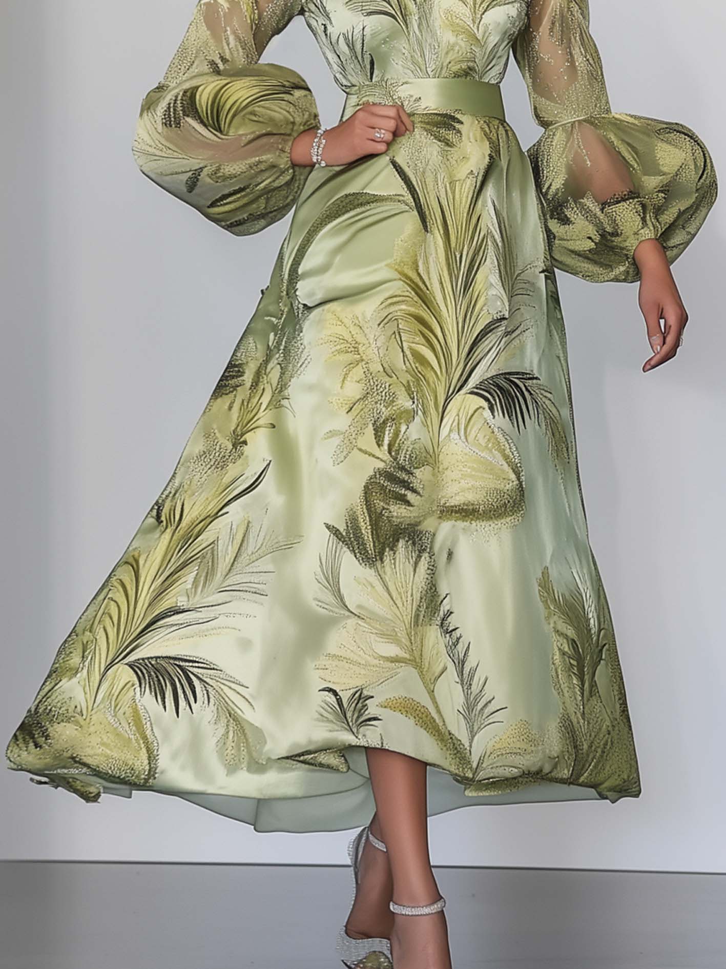 Light Green Satin Maxi Dress With Botanical Print