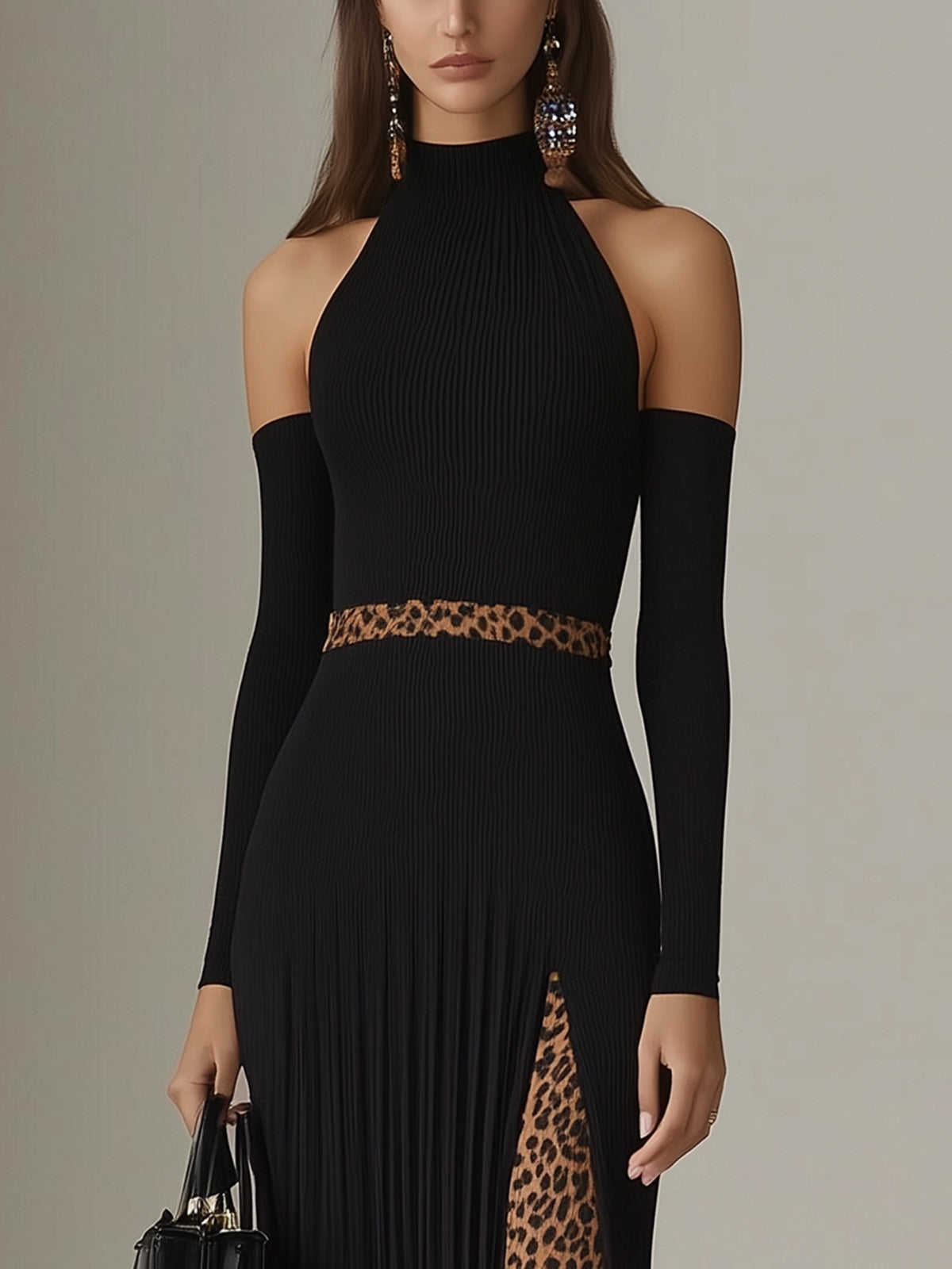 Black Pleated Maxi Dress With Leopard Print Accents