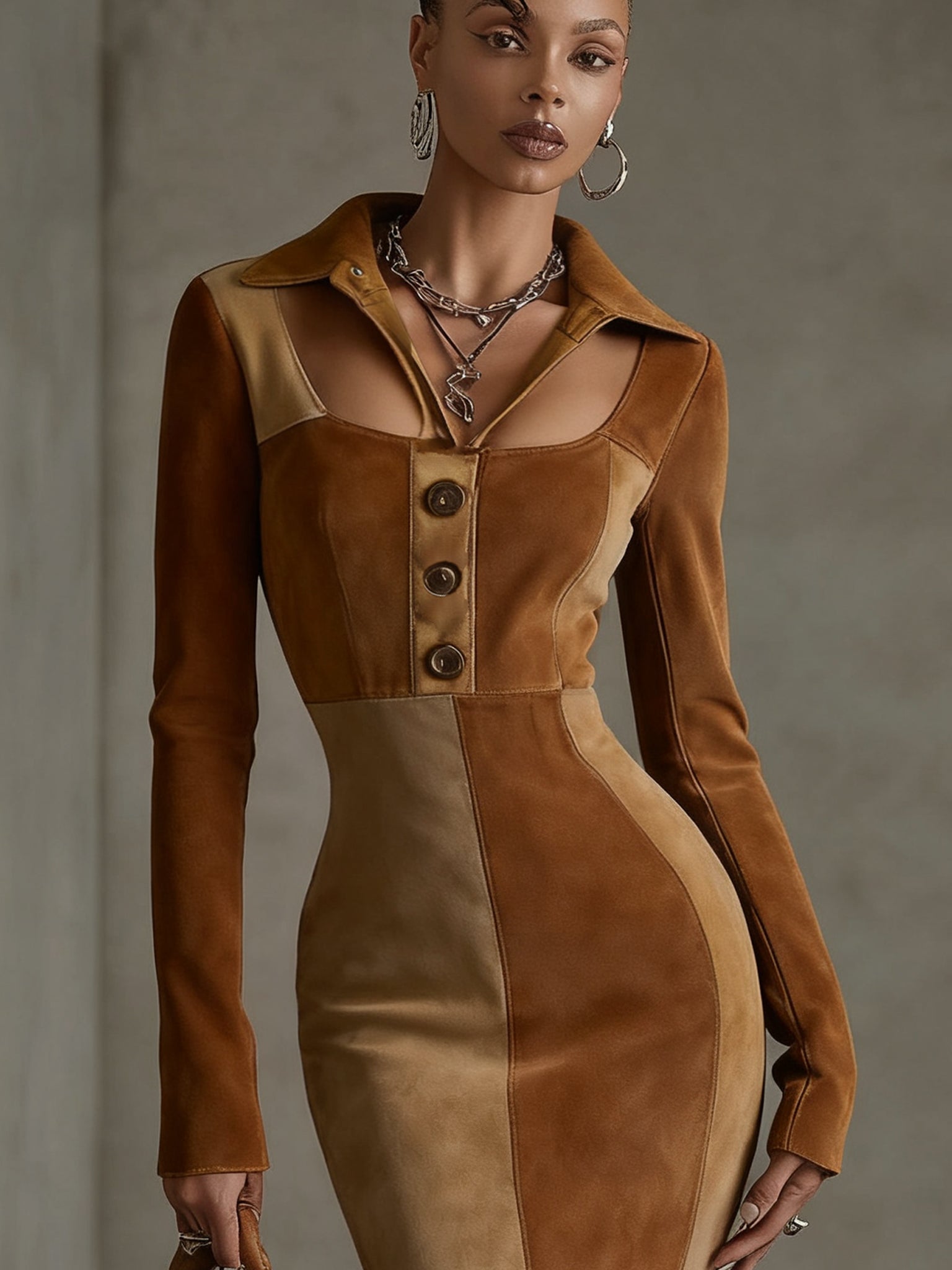 Brown Faux Suede Patchwork Long Sleeve Bodycon Dress