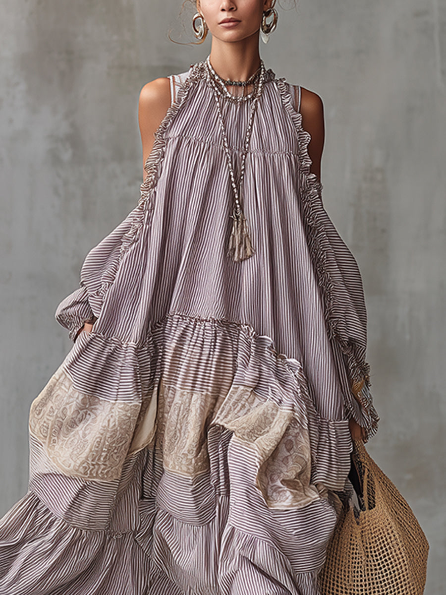 Lavender Printed Cotton Linen Loose Lace Maxi Dress