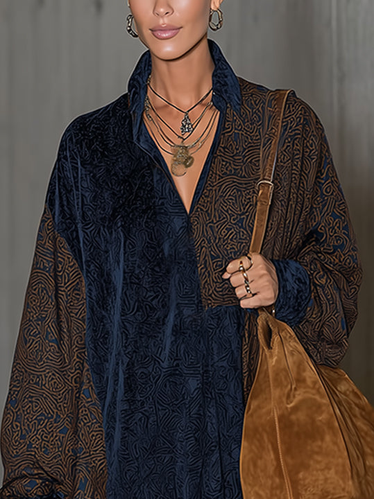 Navy And Cognac Patchwork Velvet Shirt Dress