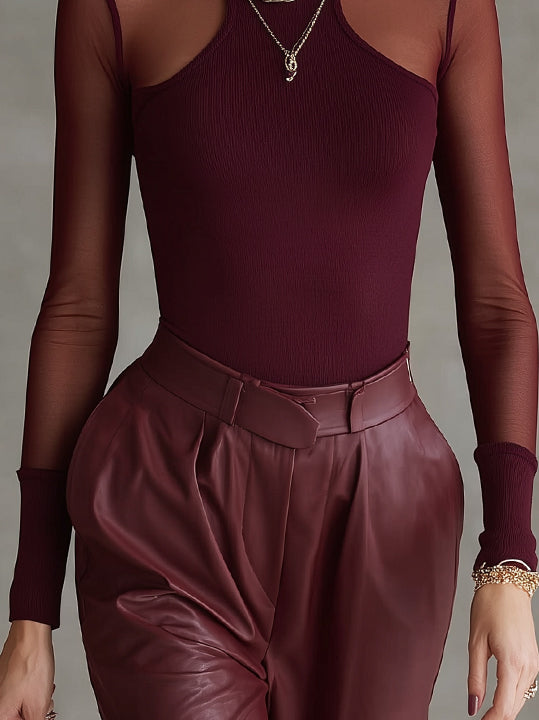 Red Sheer Mesh Panel High Neck Bodysuit T-shirt