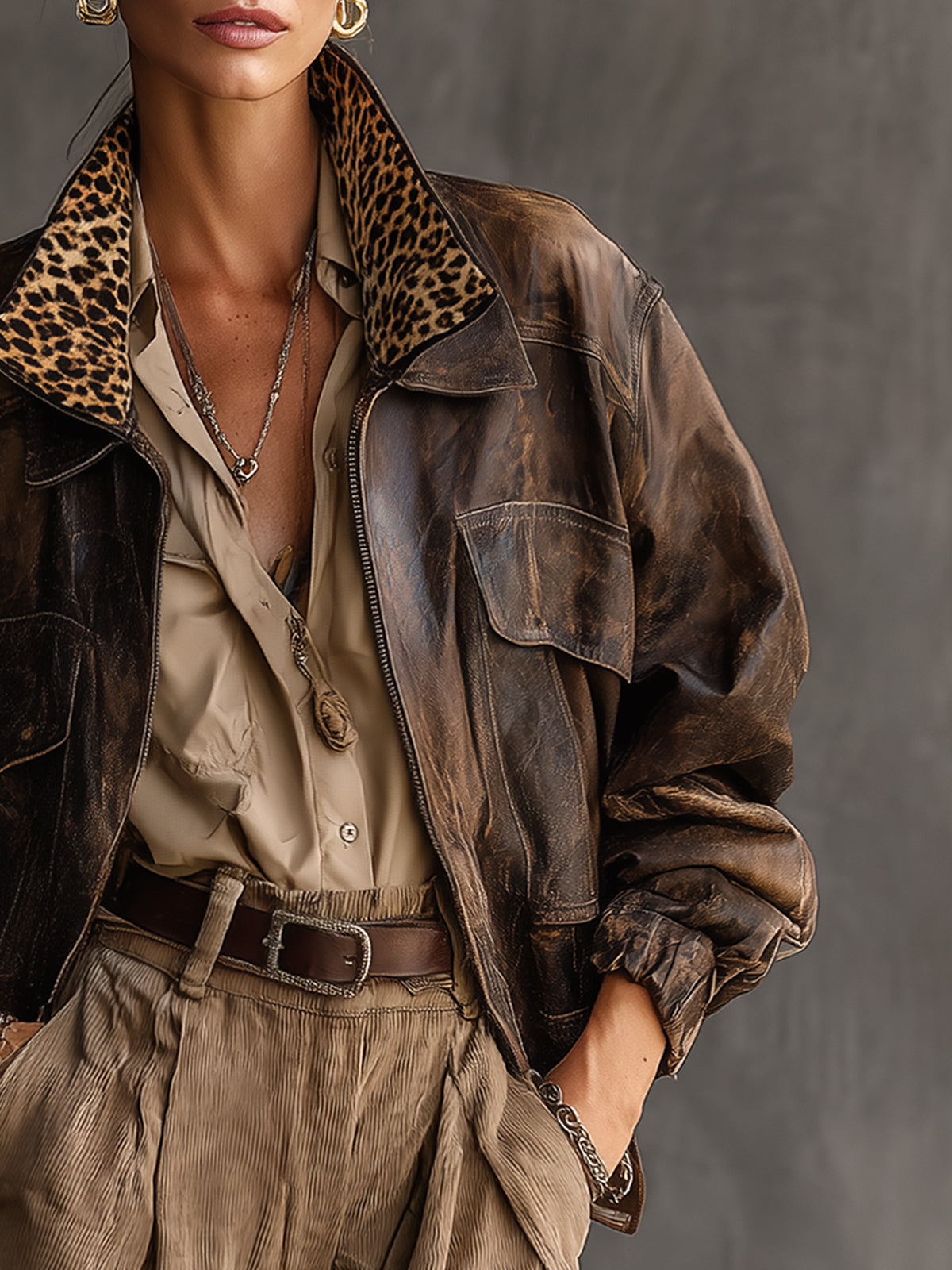 Brown Vintage Distressed Leopard Suede Collar Leather Jacket