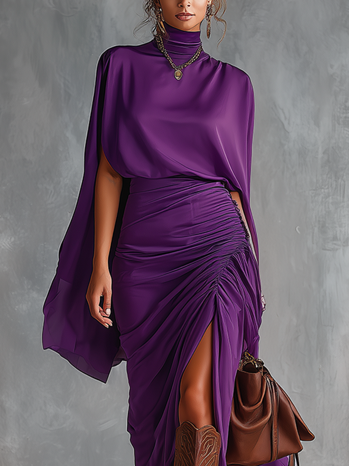 Purple Draped High-Neck Ruched Maxi Dress