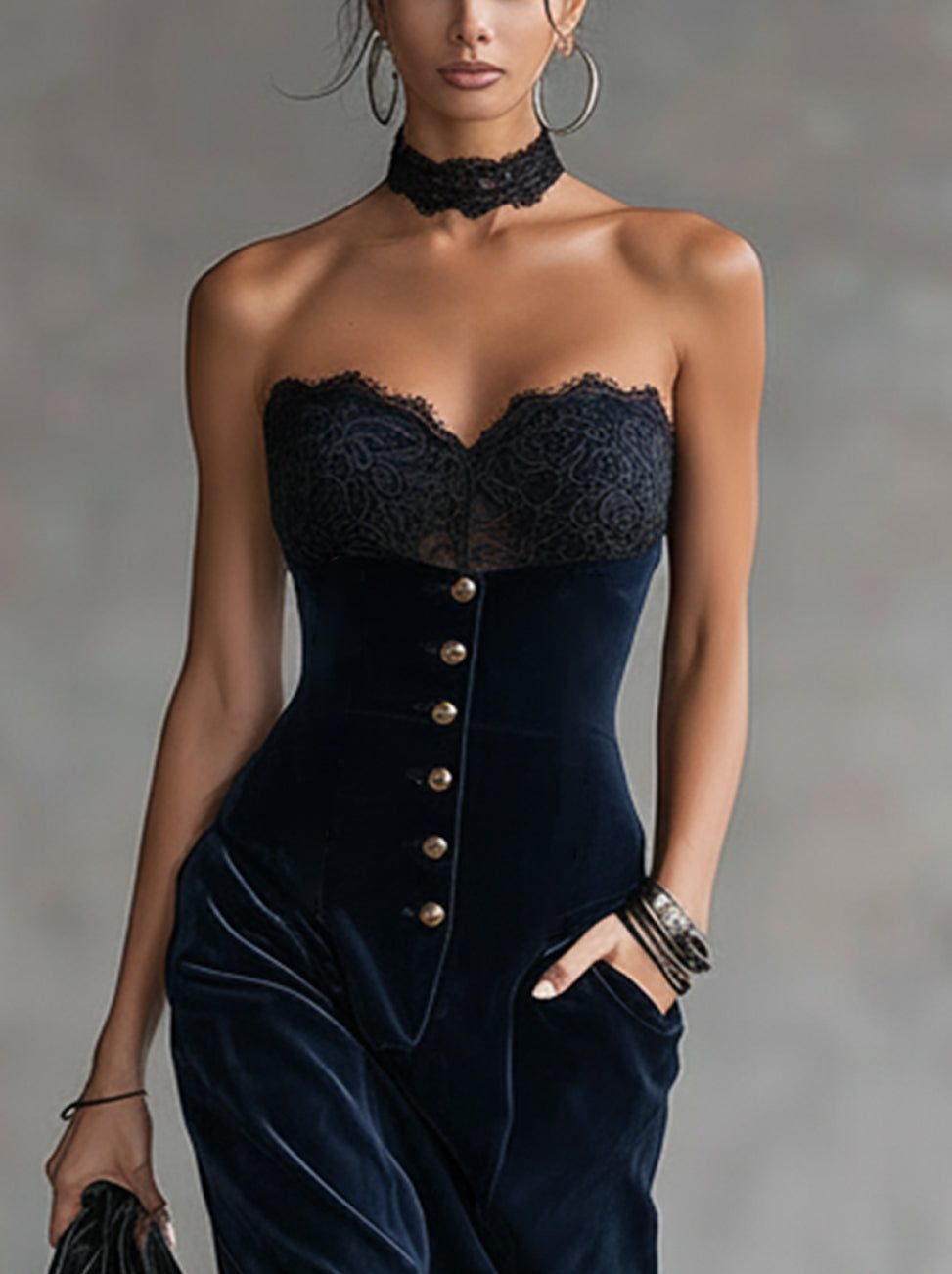 Blue Velvet Strapless Maxi Dress With Lace And Button‑Front Detail